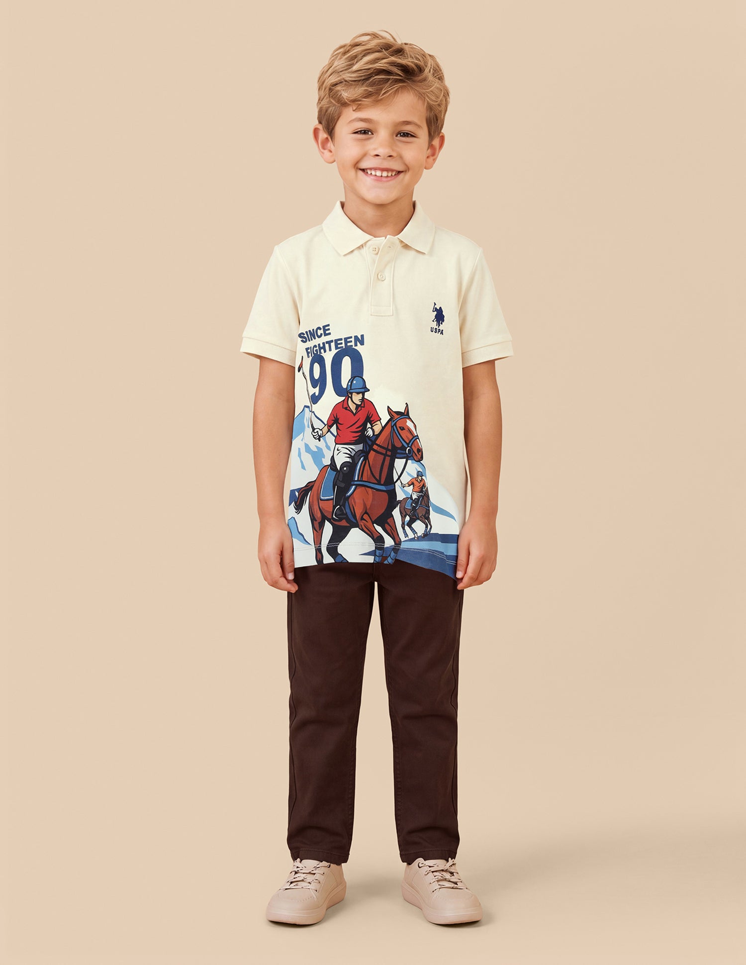 Graphic Brand Printed Regular Fit Polo Shirt Off White - U.S. Polo Assn. India | Large