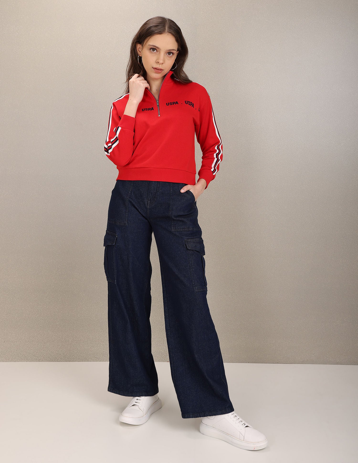 High Neck Striped Sleeve Brand Print Sweatshirt Red - U.S. Polo Assn. India | Large