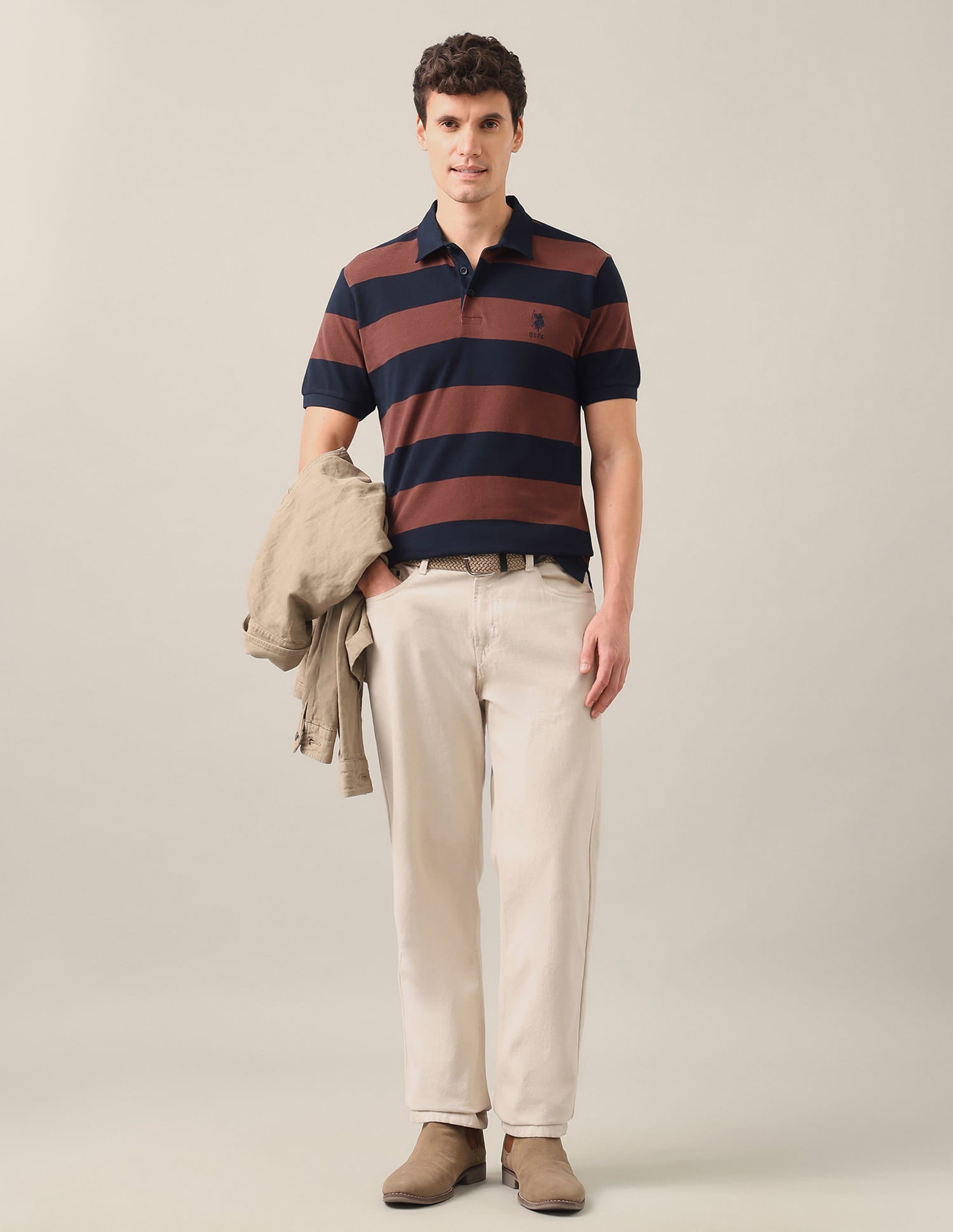 Horizontal Striped Slim Fit Polo Shirt Brown - U.S. Polo Assn. India | Large