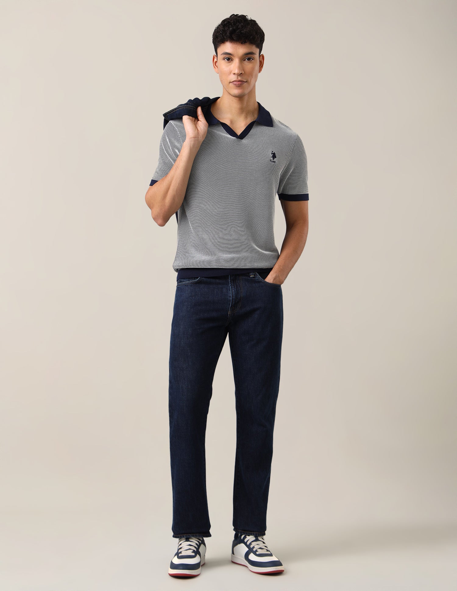 Horizontal Striped Patterned Knit Slim Fit Polo Shirt Navy - U.S. Polo Assn. India | Large