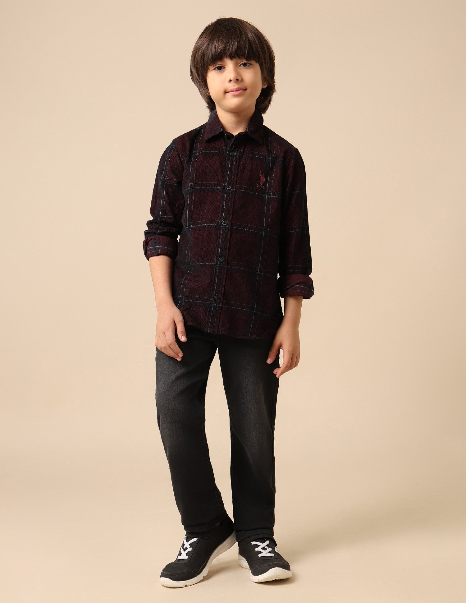 Boys Grid Tattersall Checked Corduroy Shirt Dark Maroon - U.S. POLO ASSN. | Large