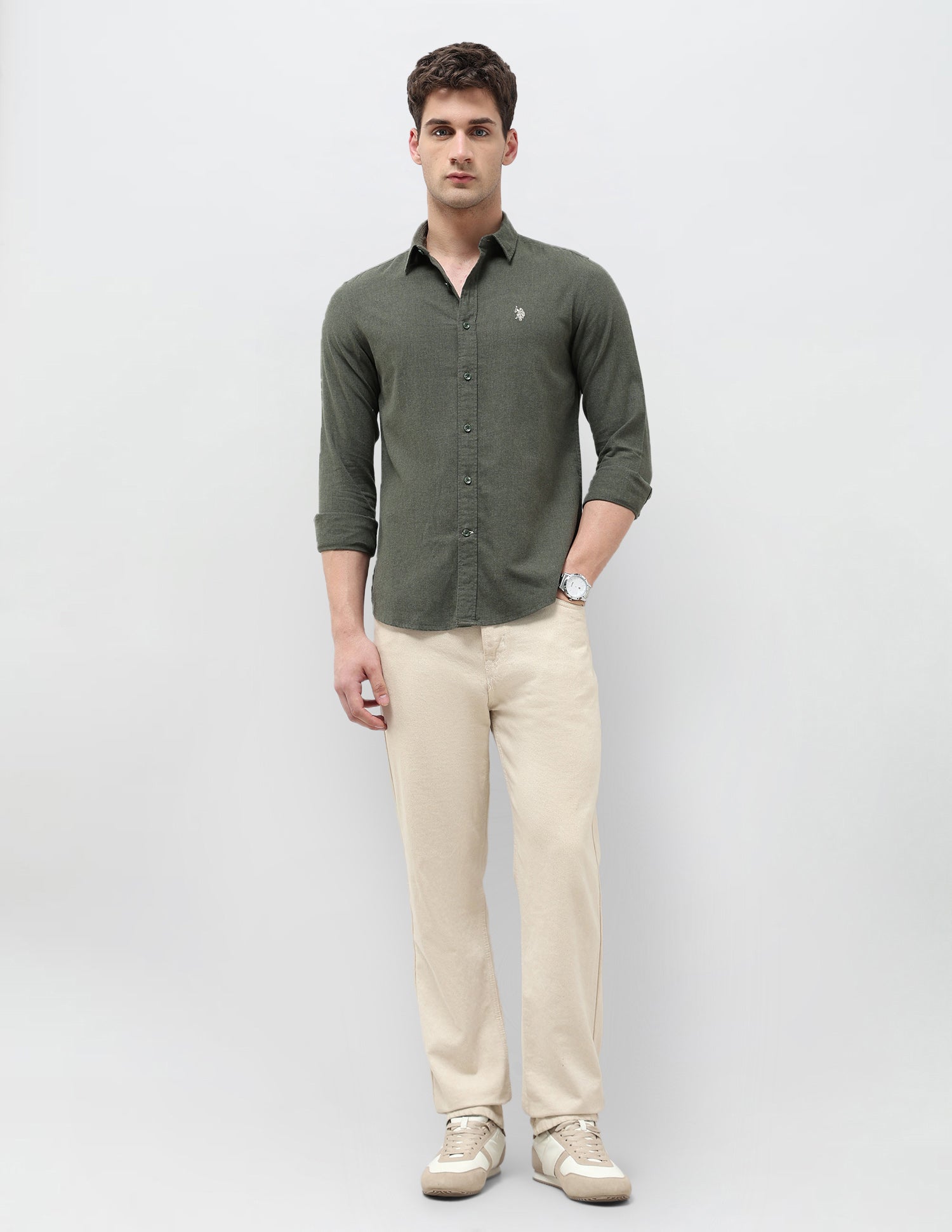 Twill Solid Regular Fit Shirt Light Olive - U.S. POLO ASSN. | Large