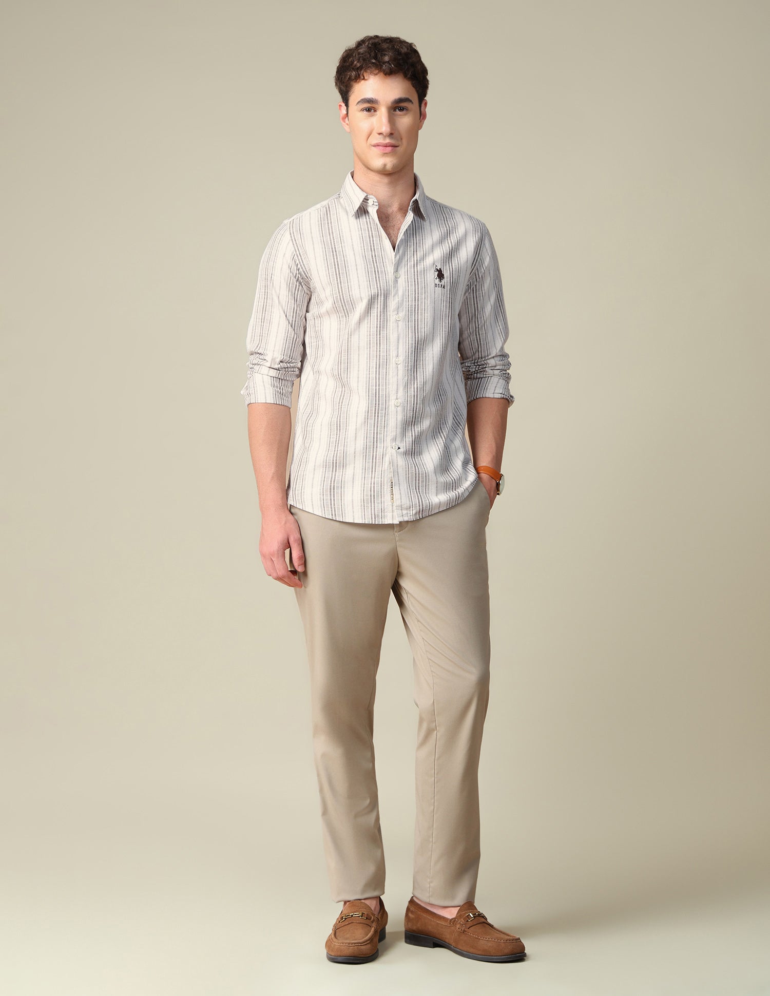Vertical Striped Regular Fit Shirt Beige - U.S. Polo Assn. India | Large