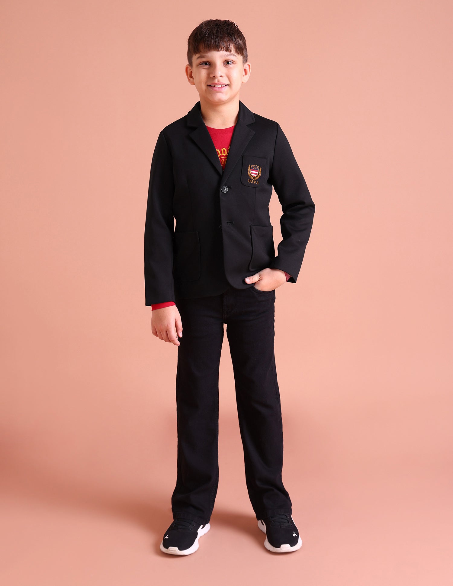 Boys Black Notch Lapel Collar Casual Blazer Jacket Black - U.S. POLO ASSN. | Large