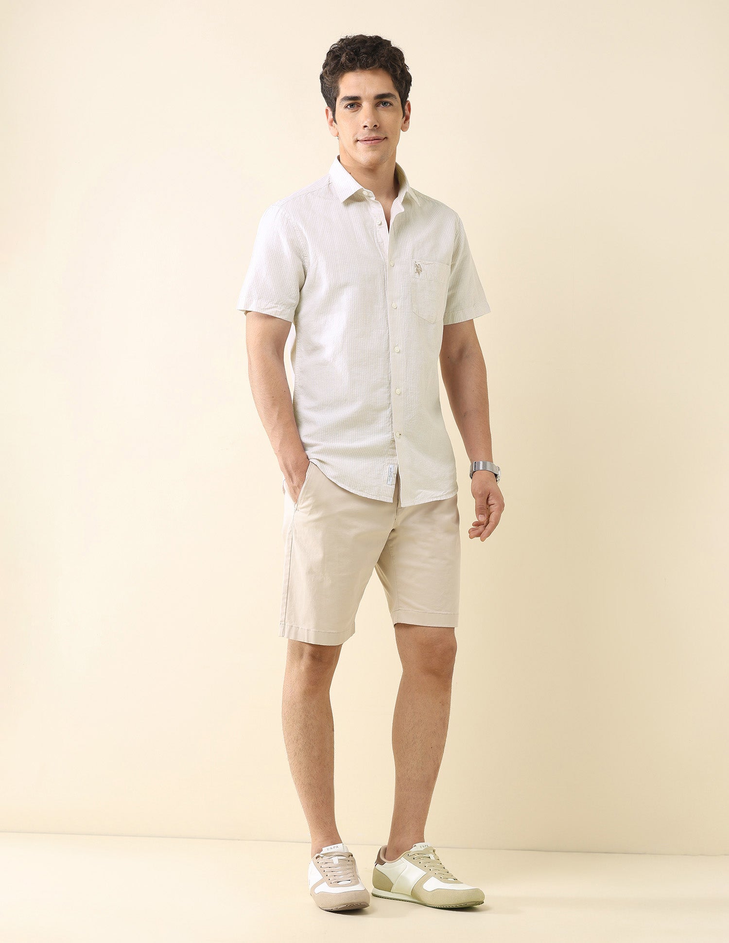 Vertical Striped Tailored Fit Shirt Beige - U.S. Polo Assn. India | Large