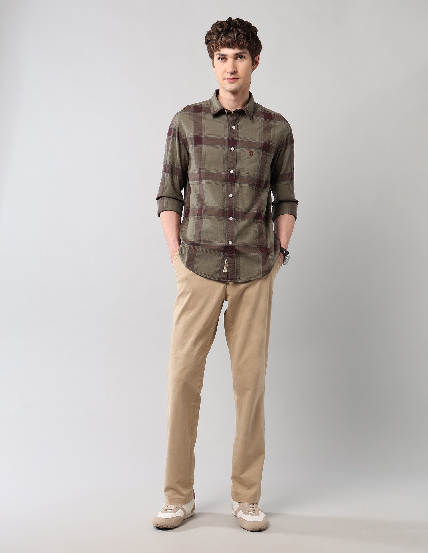 Windowpane Checked Pure Cotton Shirt Olive - U.S. Polo Assn. India | Large