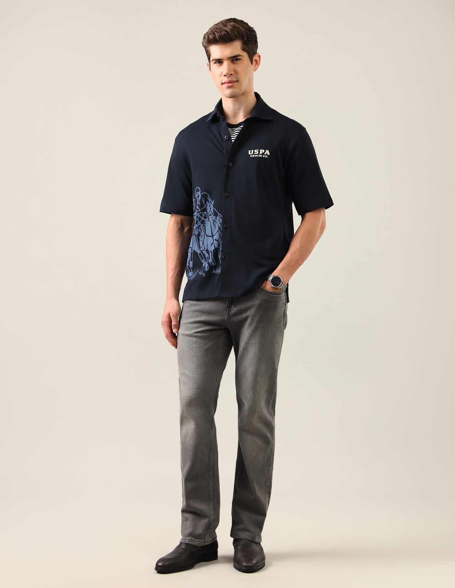 Graphic Brand Printed Knitted Shirt Blue - U.S. Polo Assn. India | Large