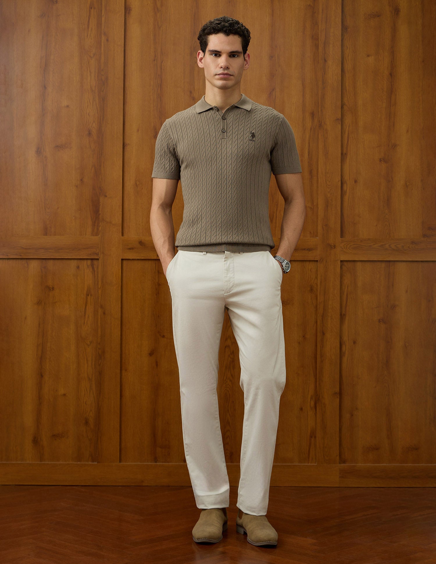 Patterned Knit Equestrian Aisle Theater Polo Shirt Light Brown - U.S. POLO ASSN. | Large