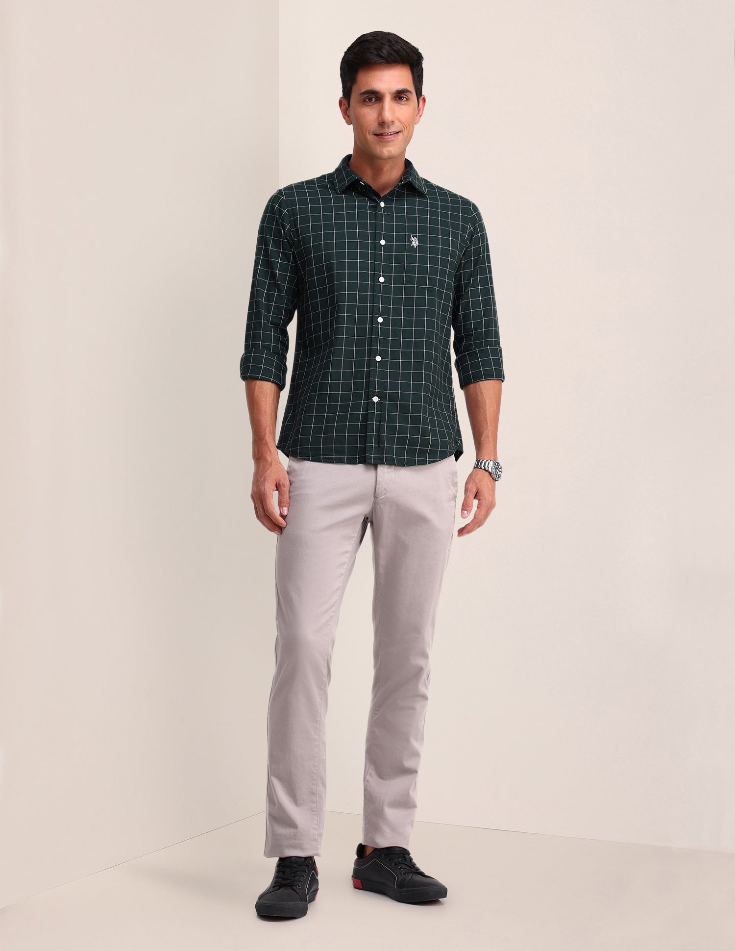 Windowpane Checked Twill Shirt Dark Green - U.S. Polo Assn. India | Large