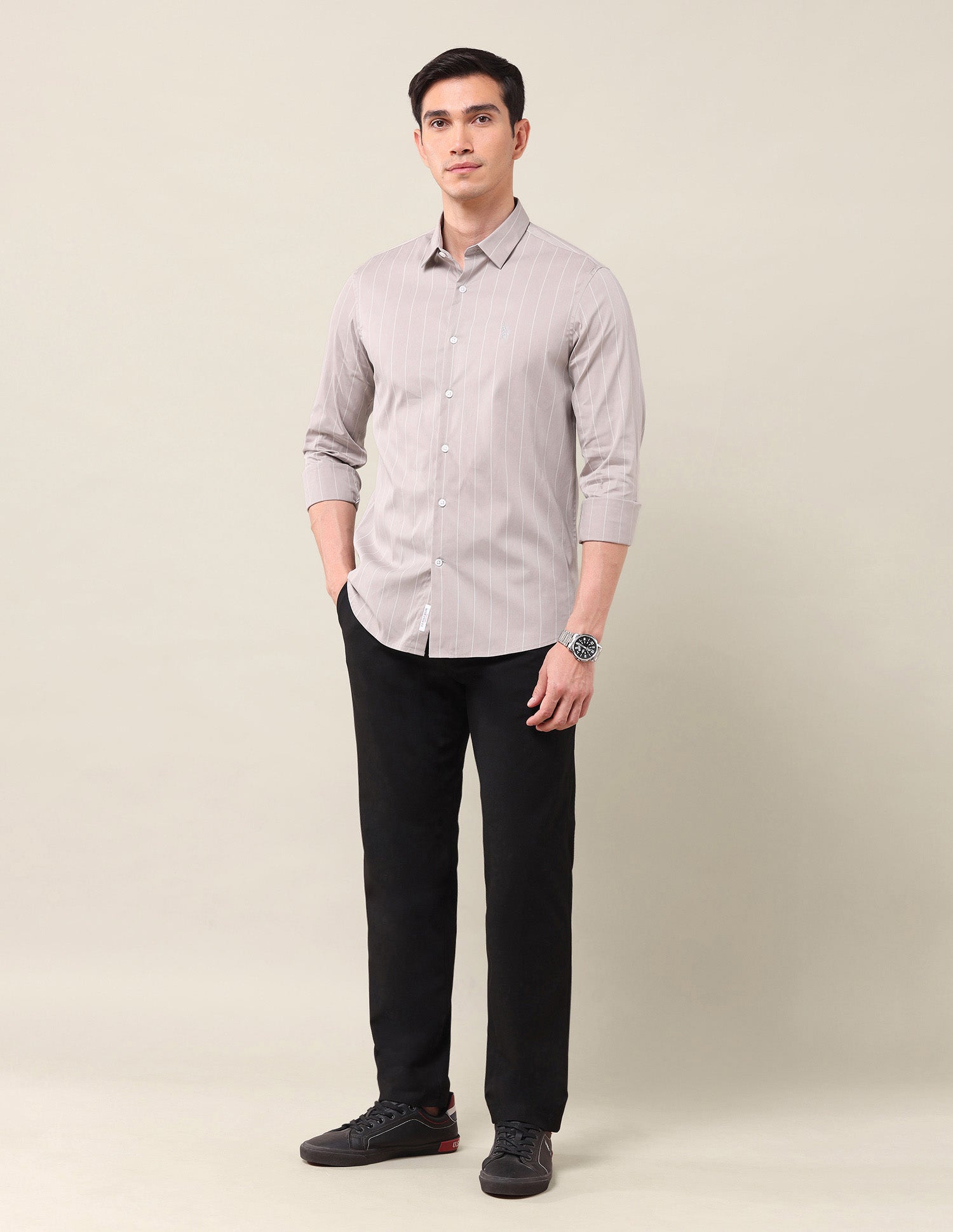Tailored Fit Vertical Striped Shirt Light Khaki - U.S. Polo Assn. India | Large