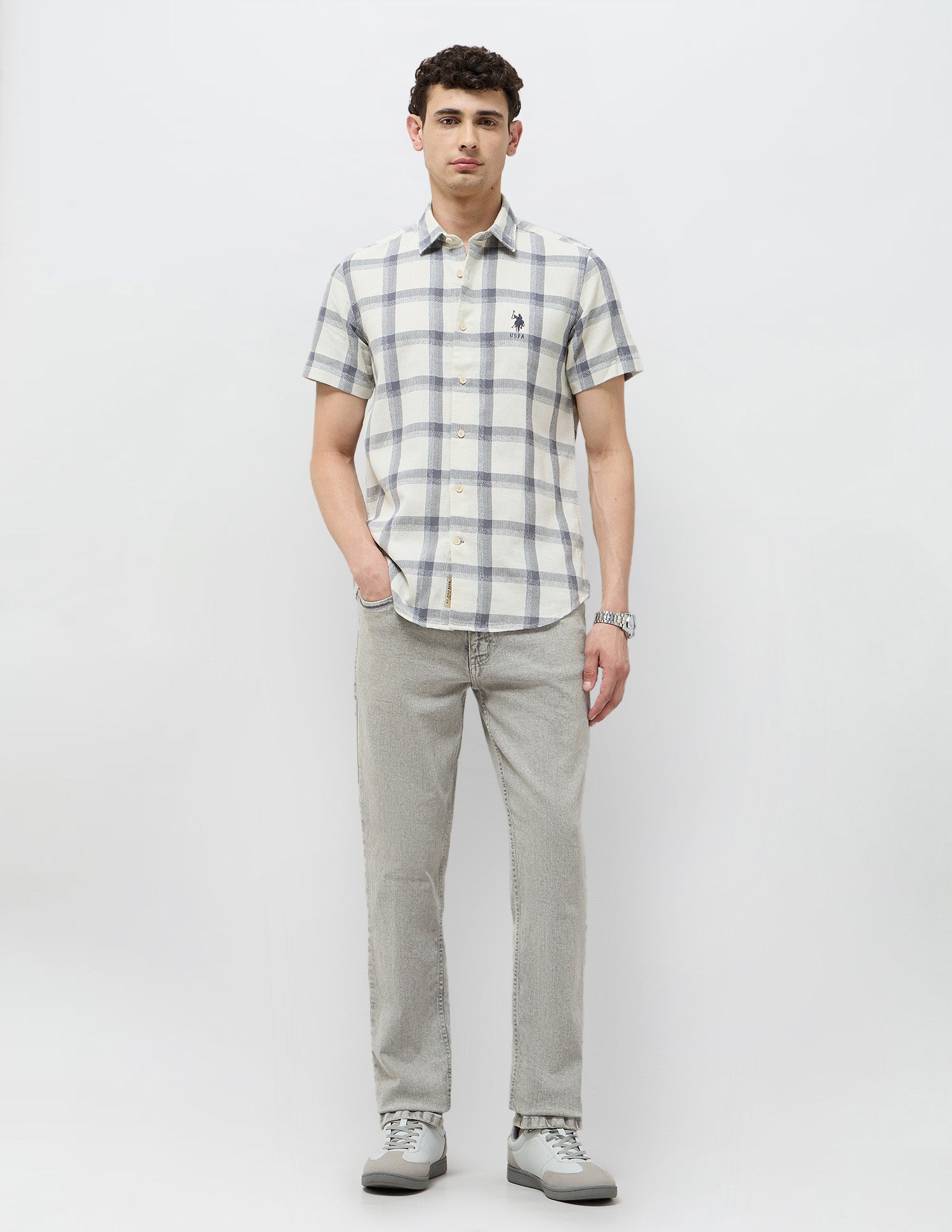 Regular Fit Textured With Grid Checked Shirt Off White - U.S. POLO ASSN. | Large