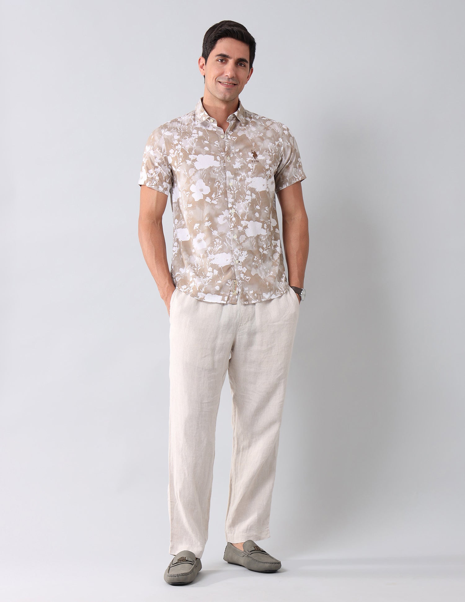 Floral Printed Regular Shirt Light Khaki - U.S. Polo Assn. India | Large