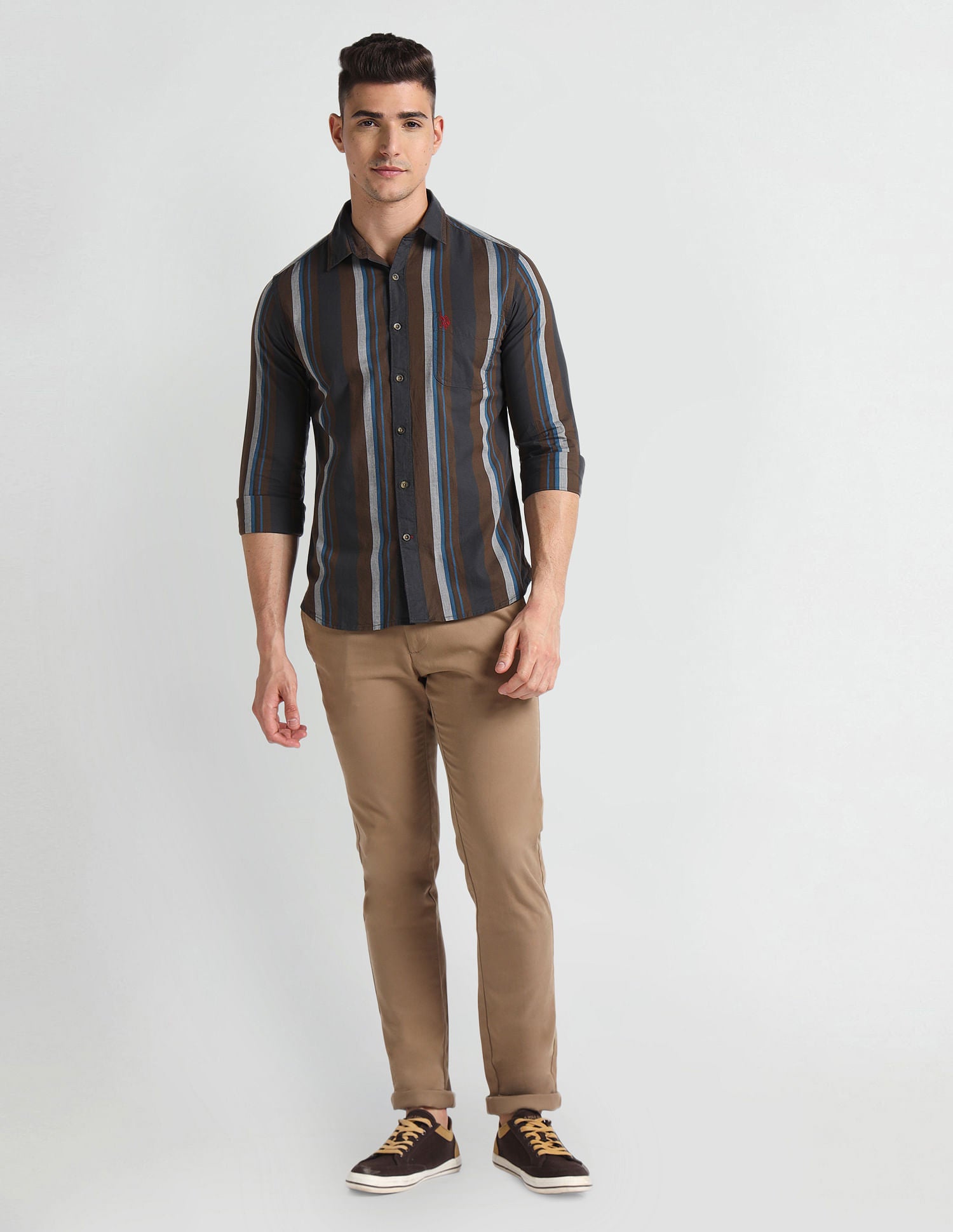 Vertical Stripe Slim Fit Shirt Brown - U.S. Polo Assn. India | Large