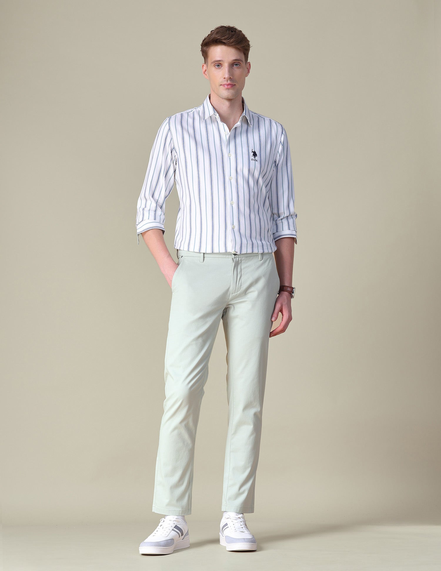 Twill Austin Trim Regular Fit Trousers LightÂ Pista Green - U.S. POLO ASSN. | Large