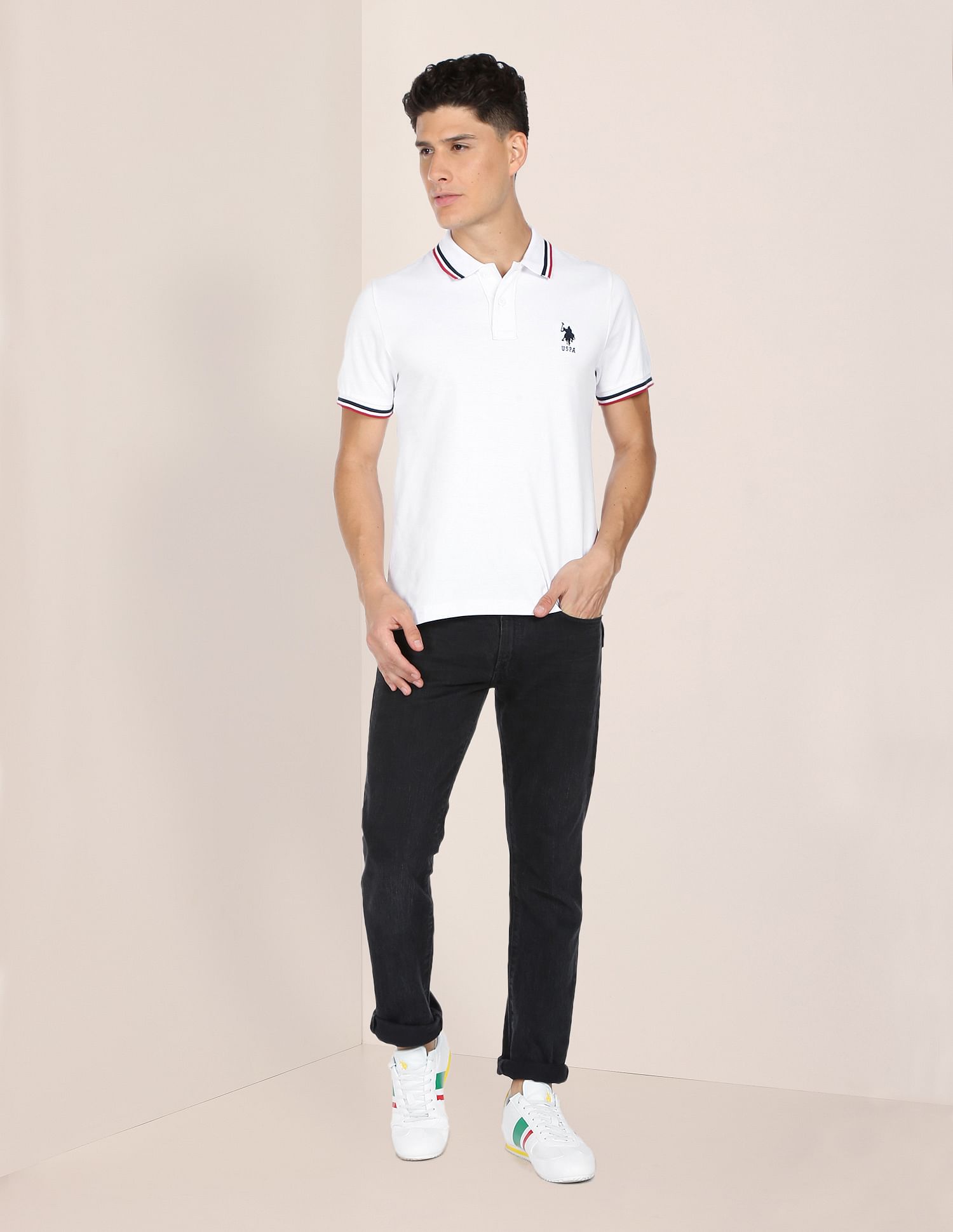 Men White Tipped Cotton Polo Shirt White - U.S. POLO ASSN. | Large