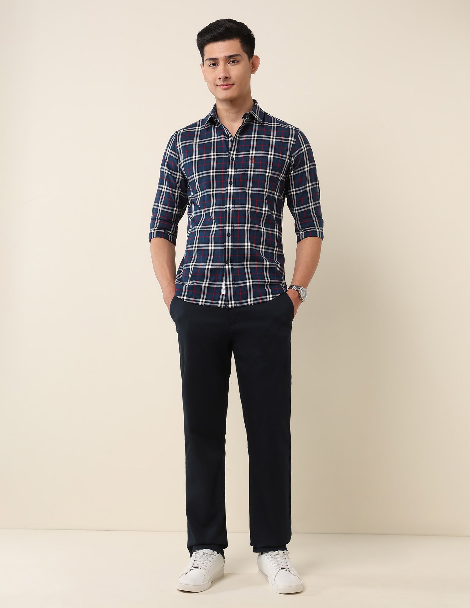 Grid Tattersall Checked Pure Cotton Shirt Navy Blue - U.S. Polo Assn. India | Large