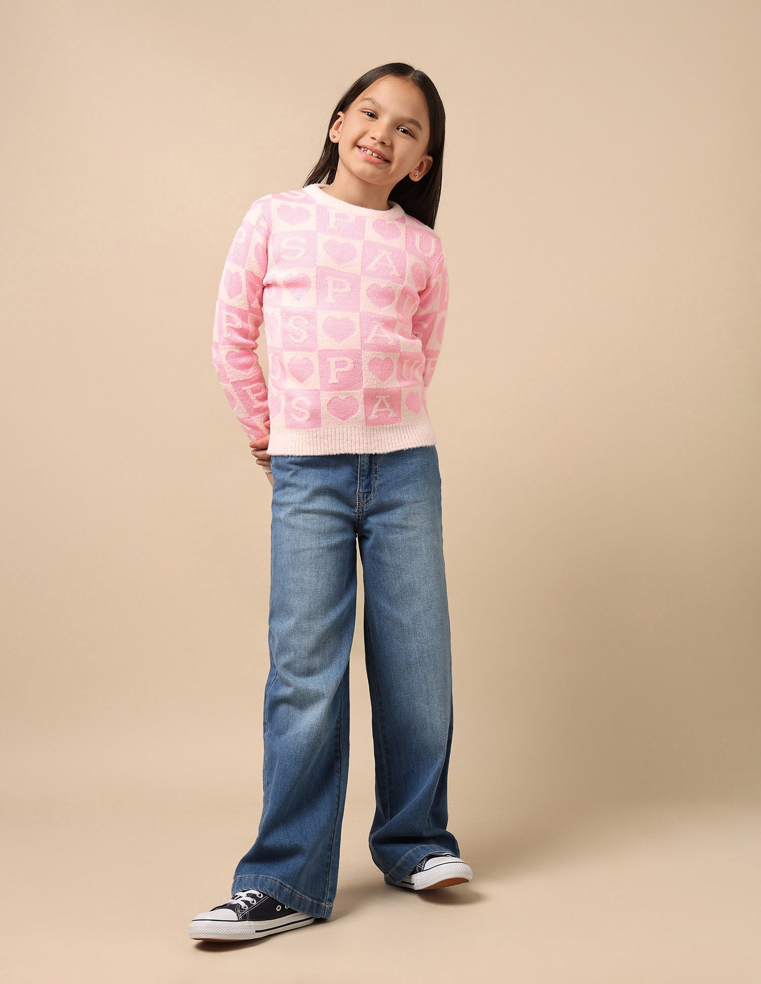 Girls Patterned Knit Sweatshirt Pink and Black - U.S. POLO ASSN. | Large