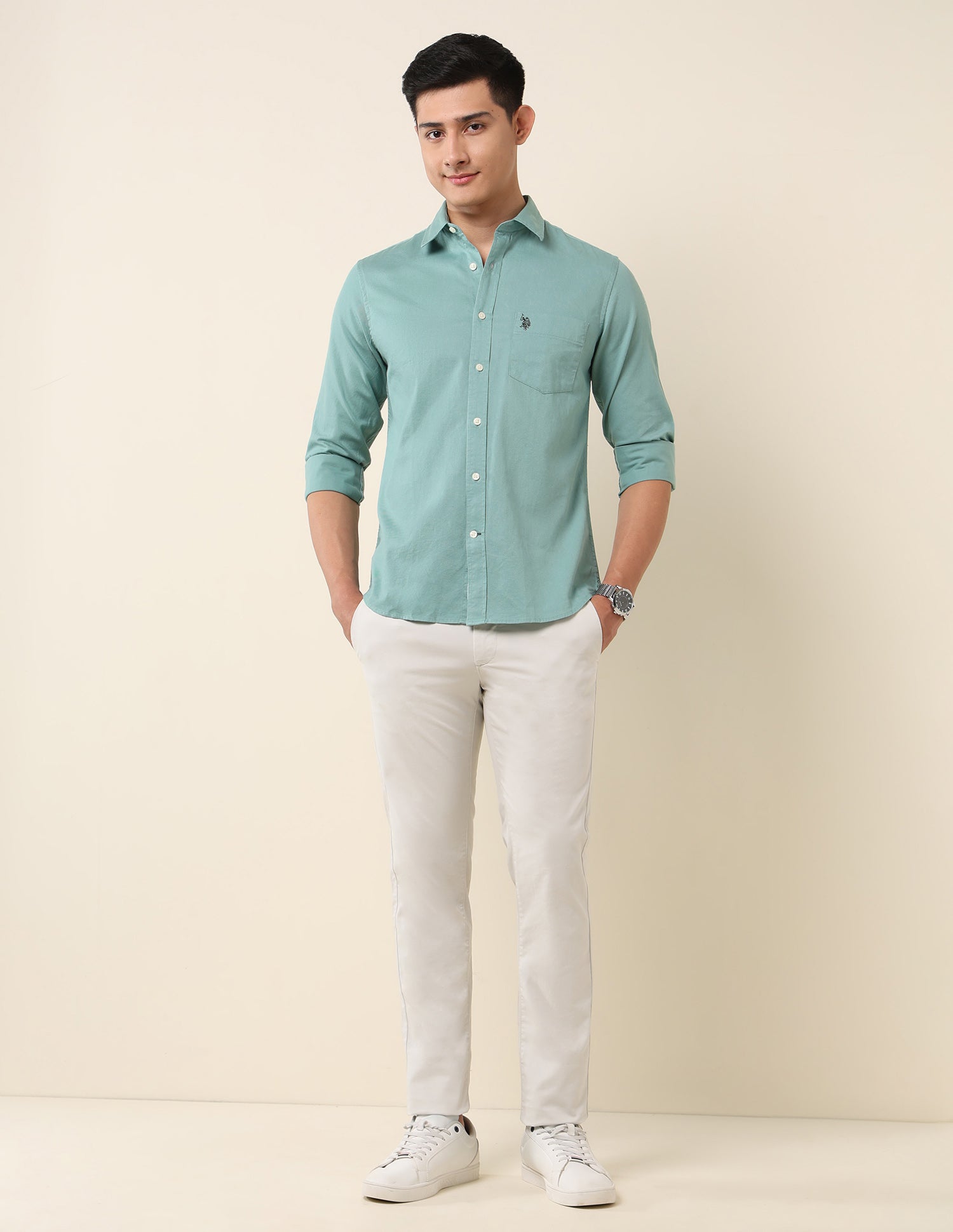 Pure Cotton Dobby Tailored Fit Shirt Light Green - U.S. Polo Assn. India | Large