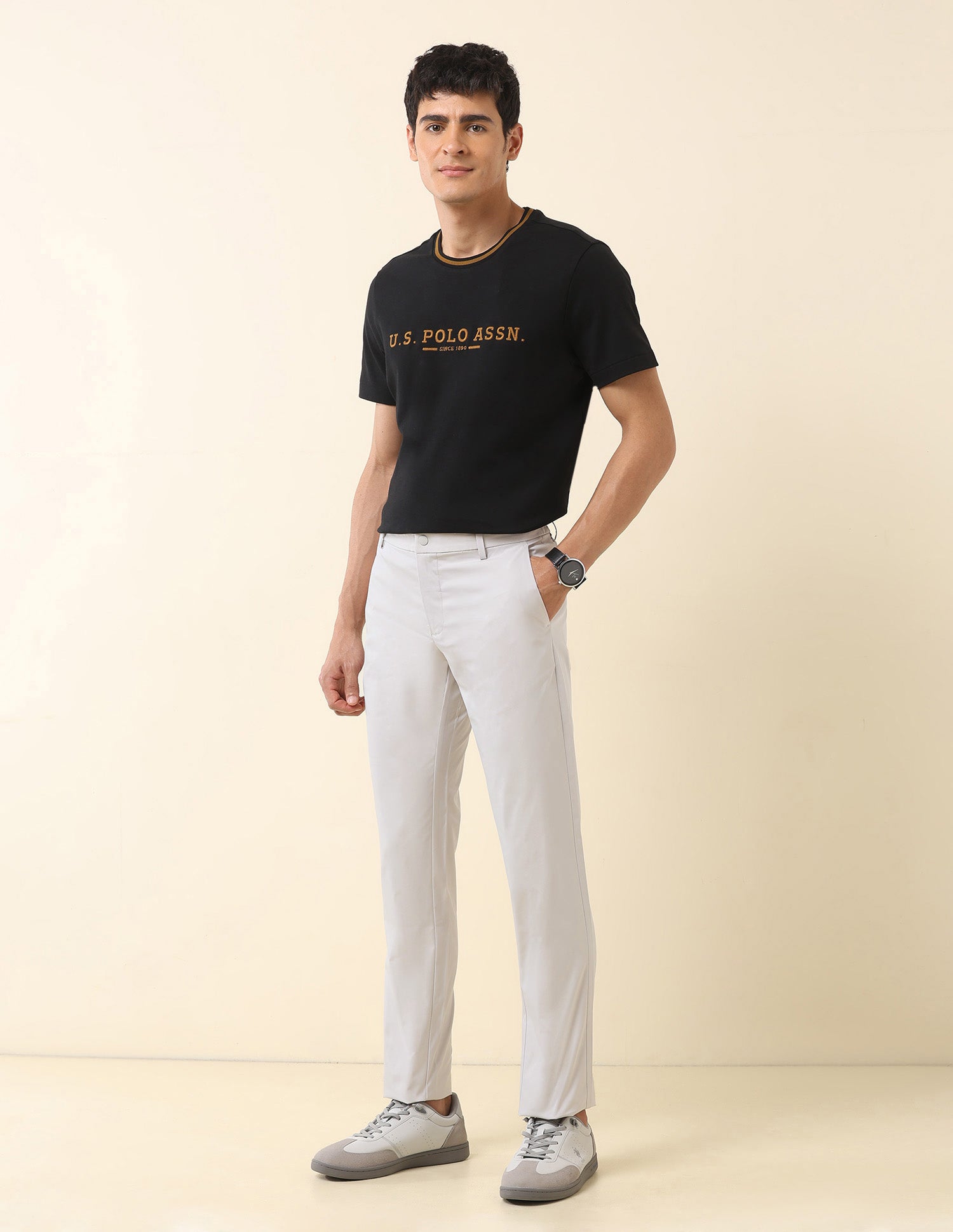Solid Denver Slim Fit Trousers Light Grey - U.S. Polo Assn. India | Large