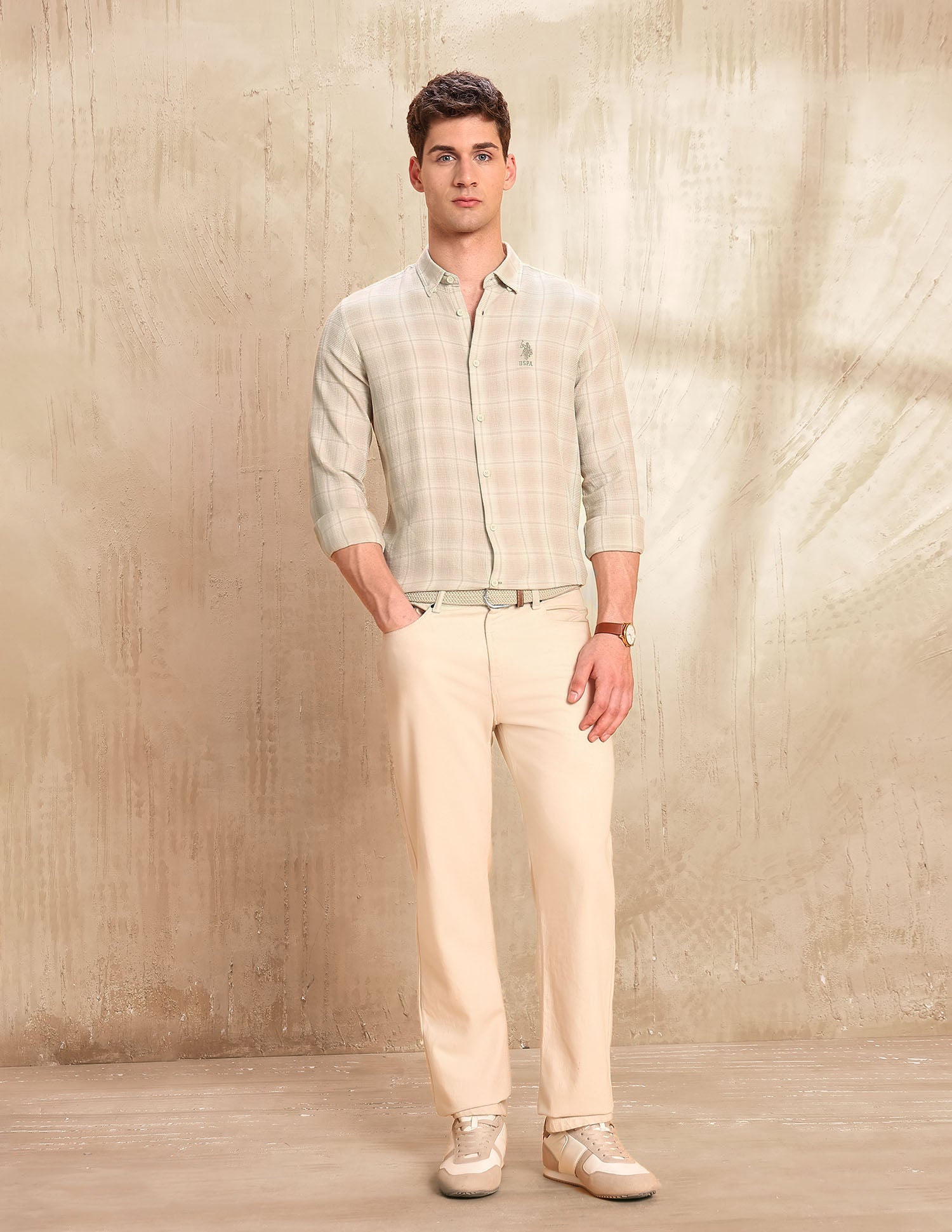 Dobby Regular Fit Shirt Beige - U.S. POLO ASSN. | Large