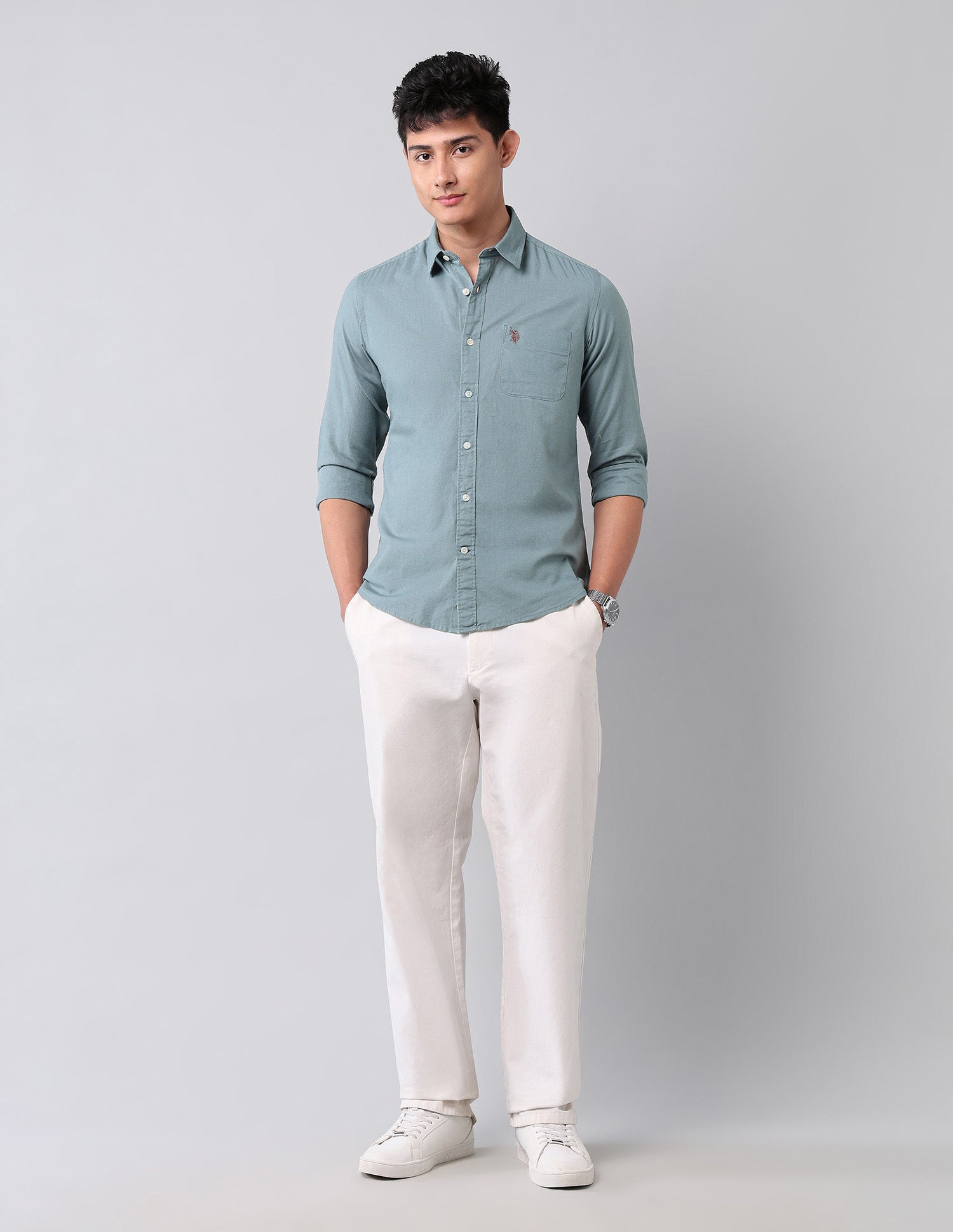Solid Pure Cotton Shirt Teal - U.S. Polo Assn. India | Large