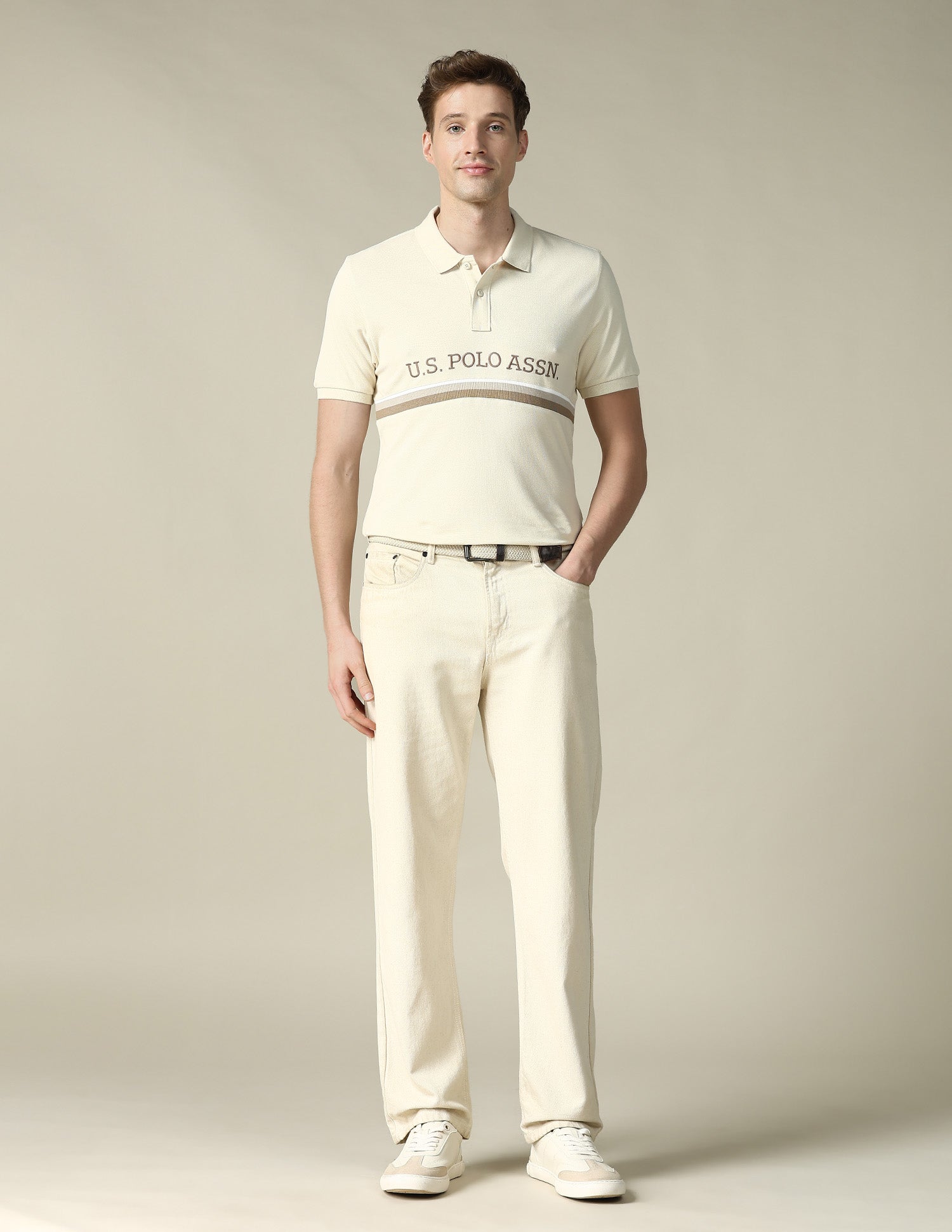 Cut & Sew Brand Embroidered Regular Fit Polo Shirt Cream - U.S. POLO ASSN. | Large