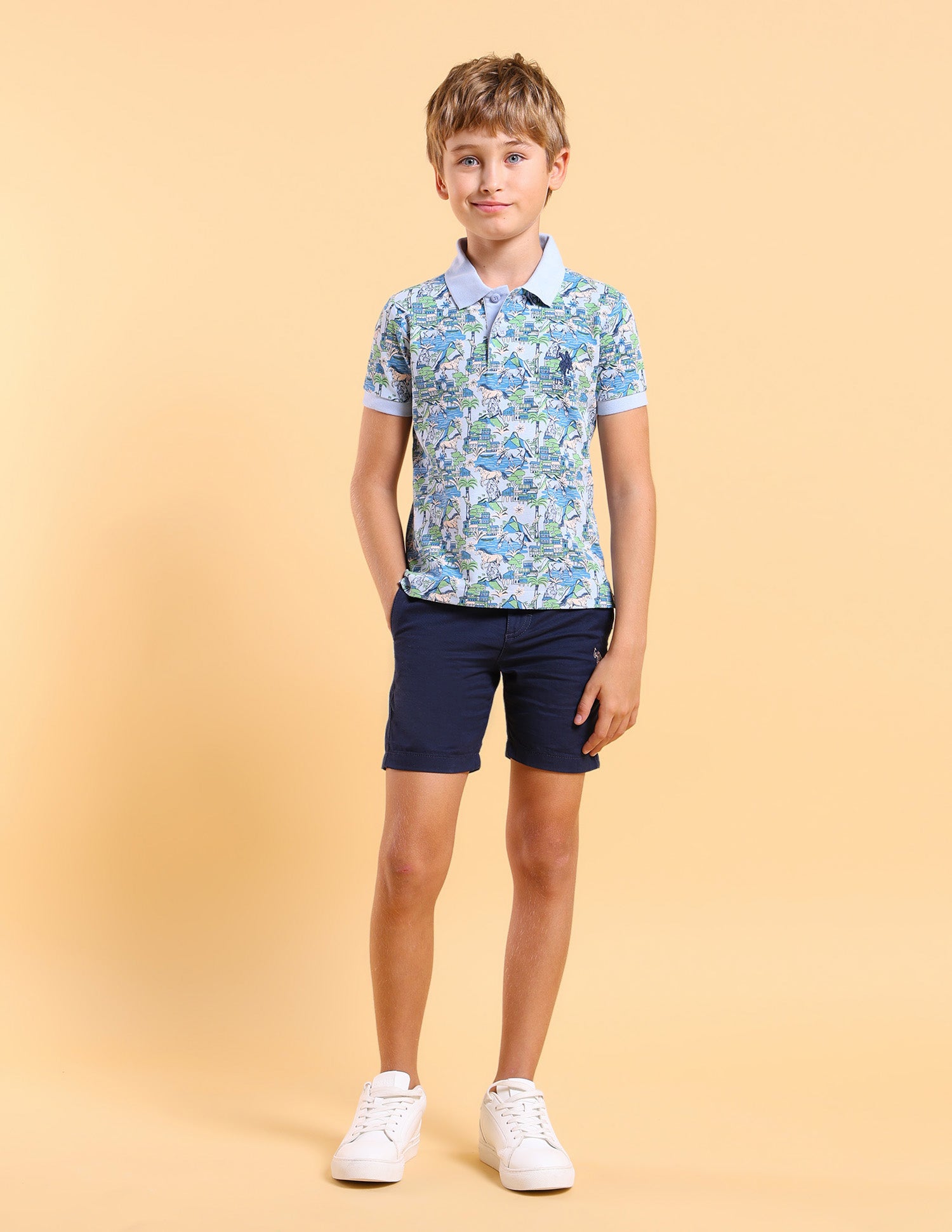 Boys Regular Fit All Over Printed Polo Shirt Light Blue - U.S. POLO ASSN. | Large