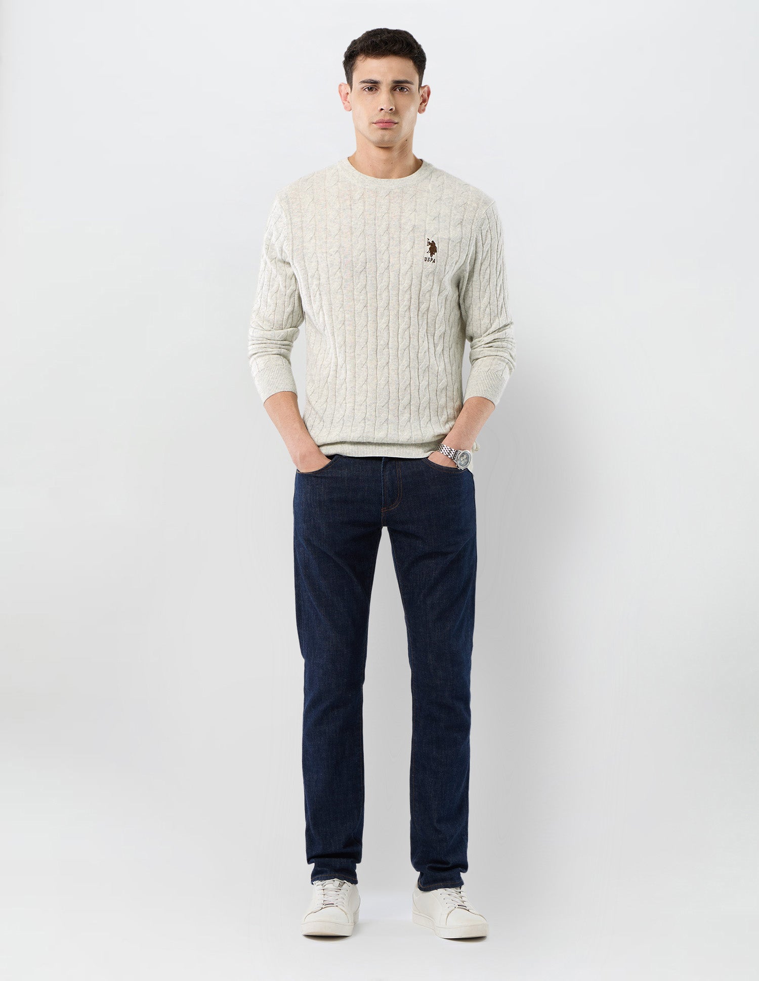 Patterned Cable Knit Regular Fit Sweater Off White - U.S. POLO ASSN. | Large