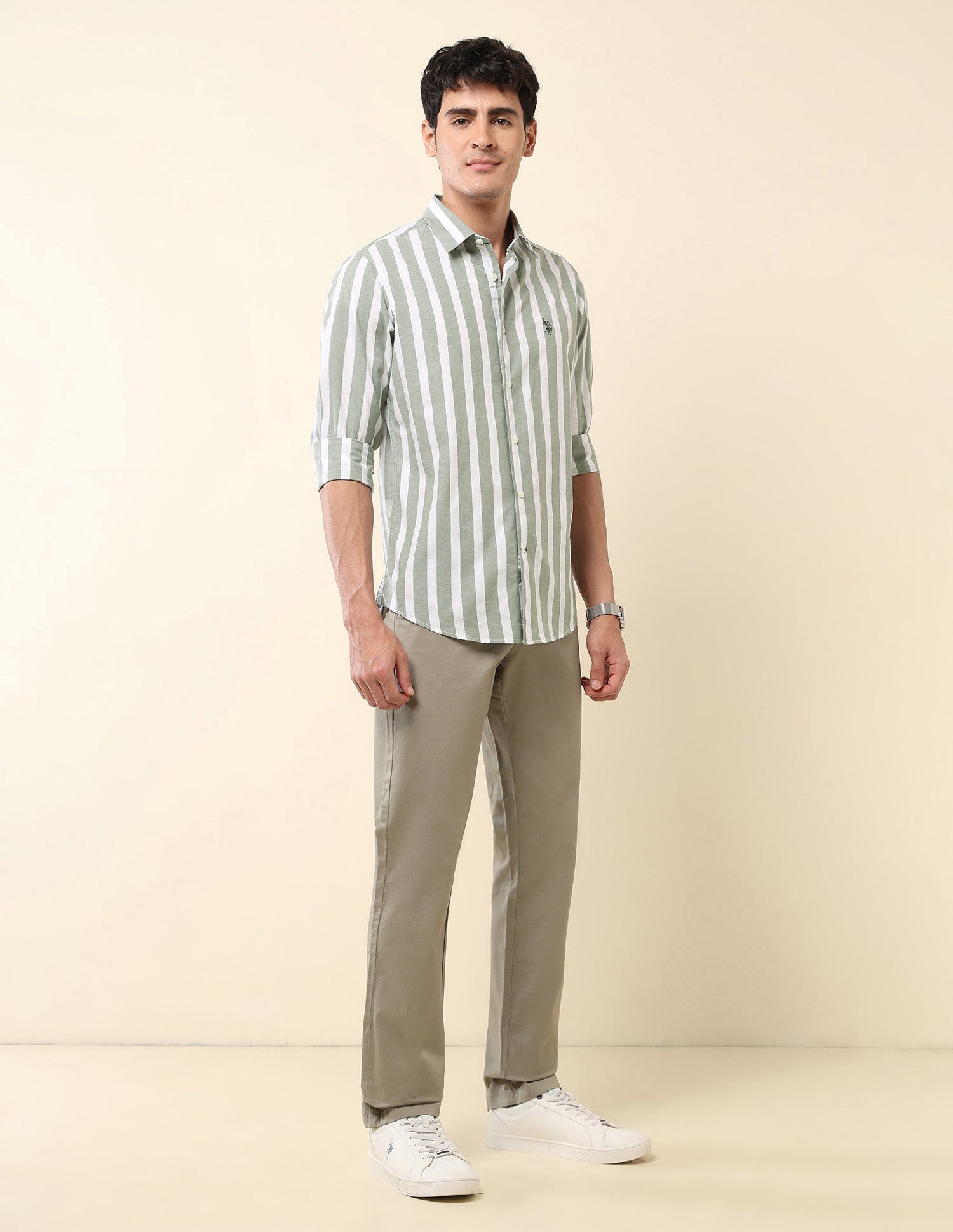 Vertical Striped Pure Cotton Shirt Green - U.S. Polo Assn. India | Large