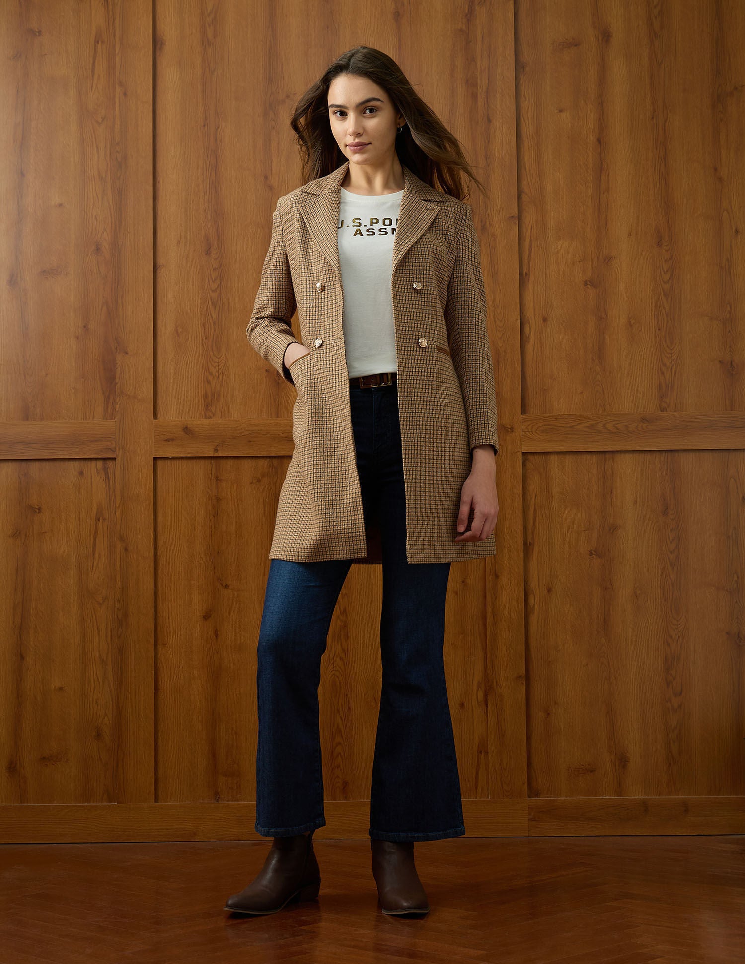 Glen Plaid Checked Double Breasted Regular Fit Coat Brown - U.S. POLO ASSN. | Large