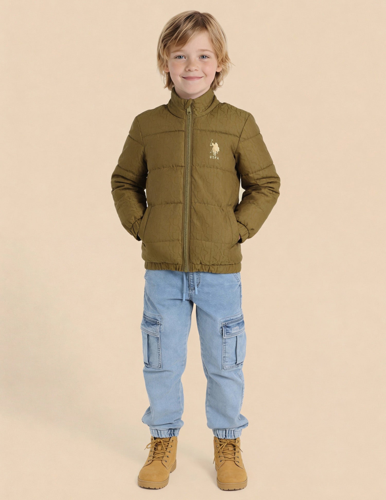 Boys Brand Printed Puffer Jacket Khaki - U.S. Polo Assn. India | Large