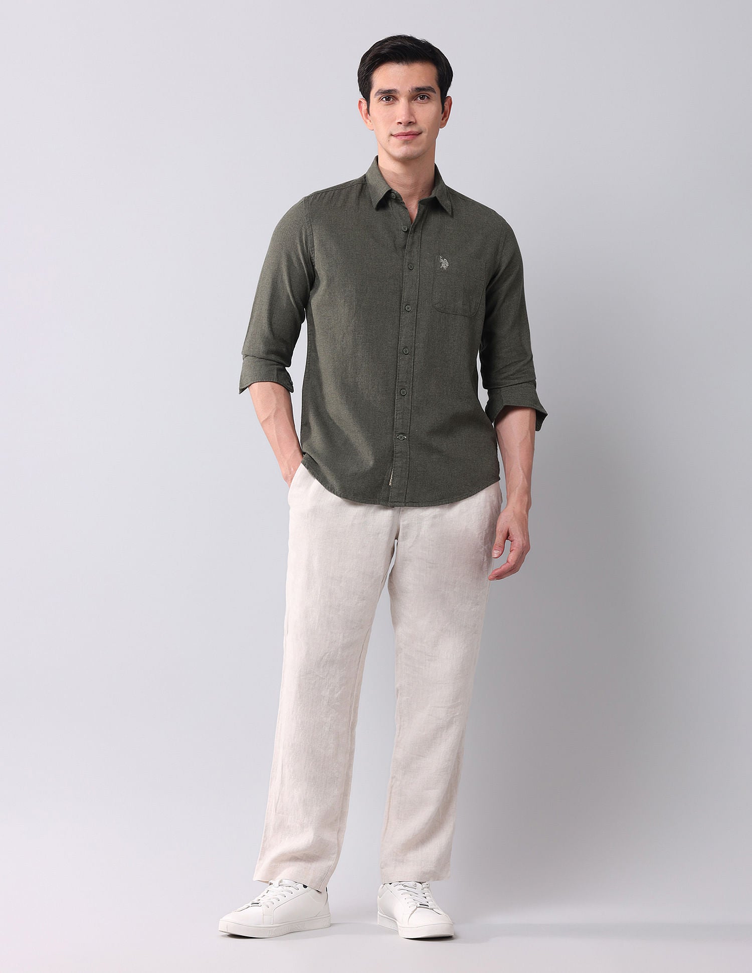 Regular Fit Twill Solid Shirt Olive - U.S. POLO ASSN. | Large
