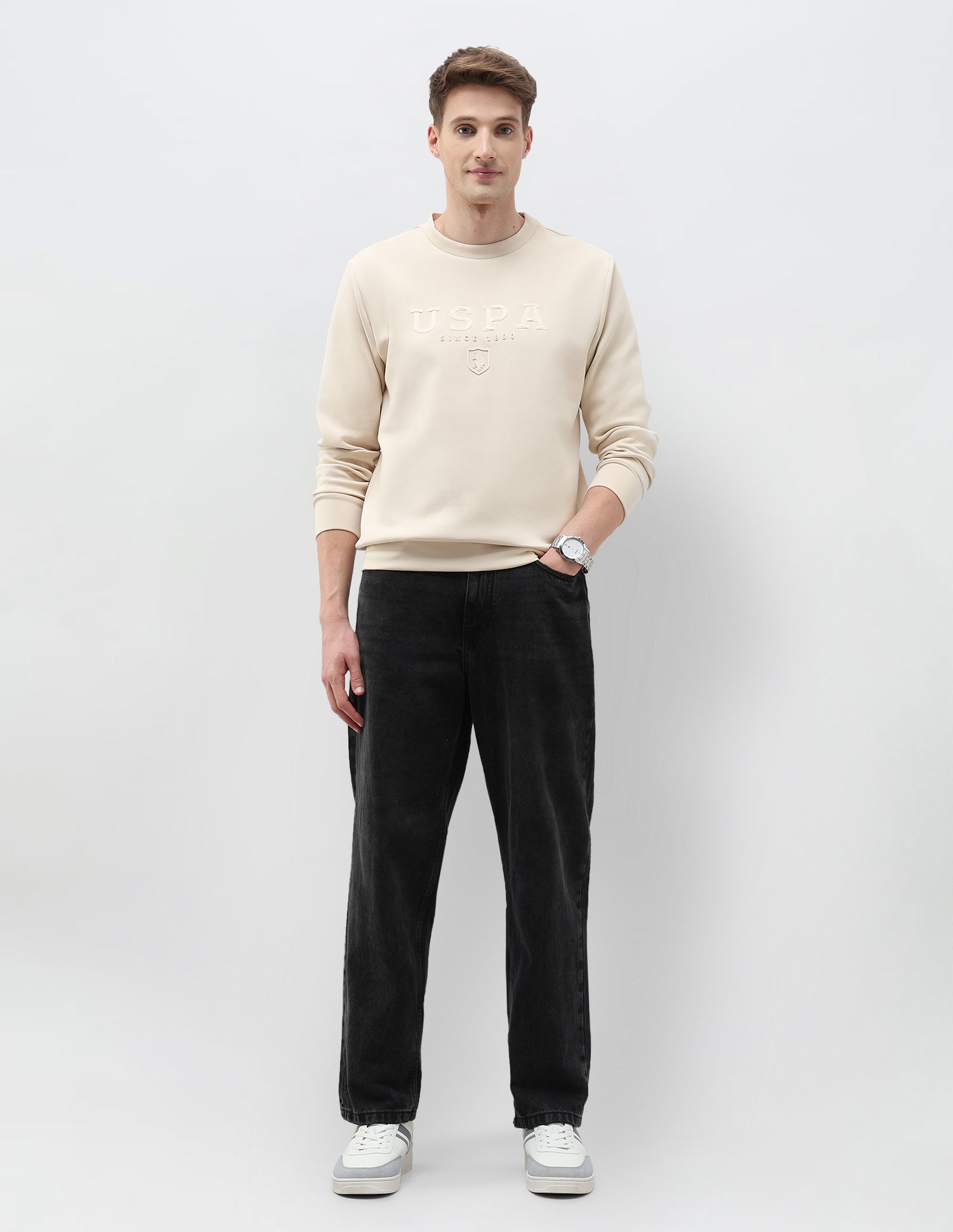 Brand Embossed Regular Fit Sweatshirt Beige - U.S. POLO ASSN. | Large