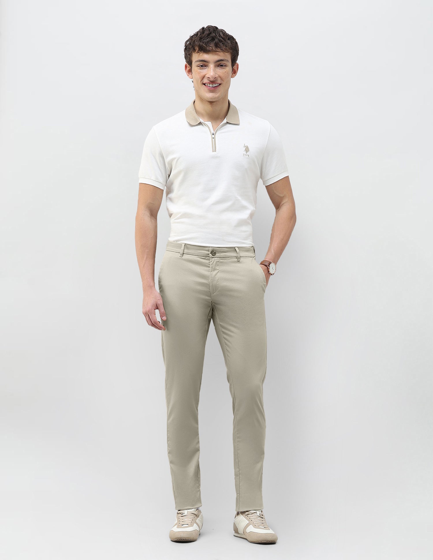 Austin Slim Fit Dobby Trousers Khaki - U.S. Polo Assn. India | Large