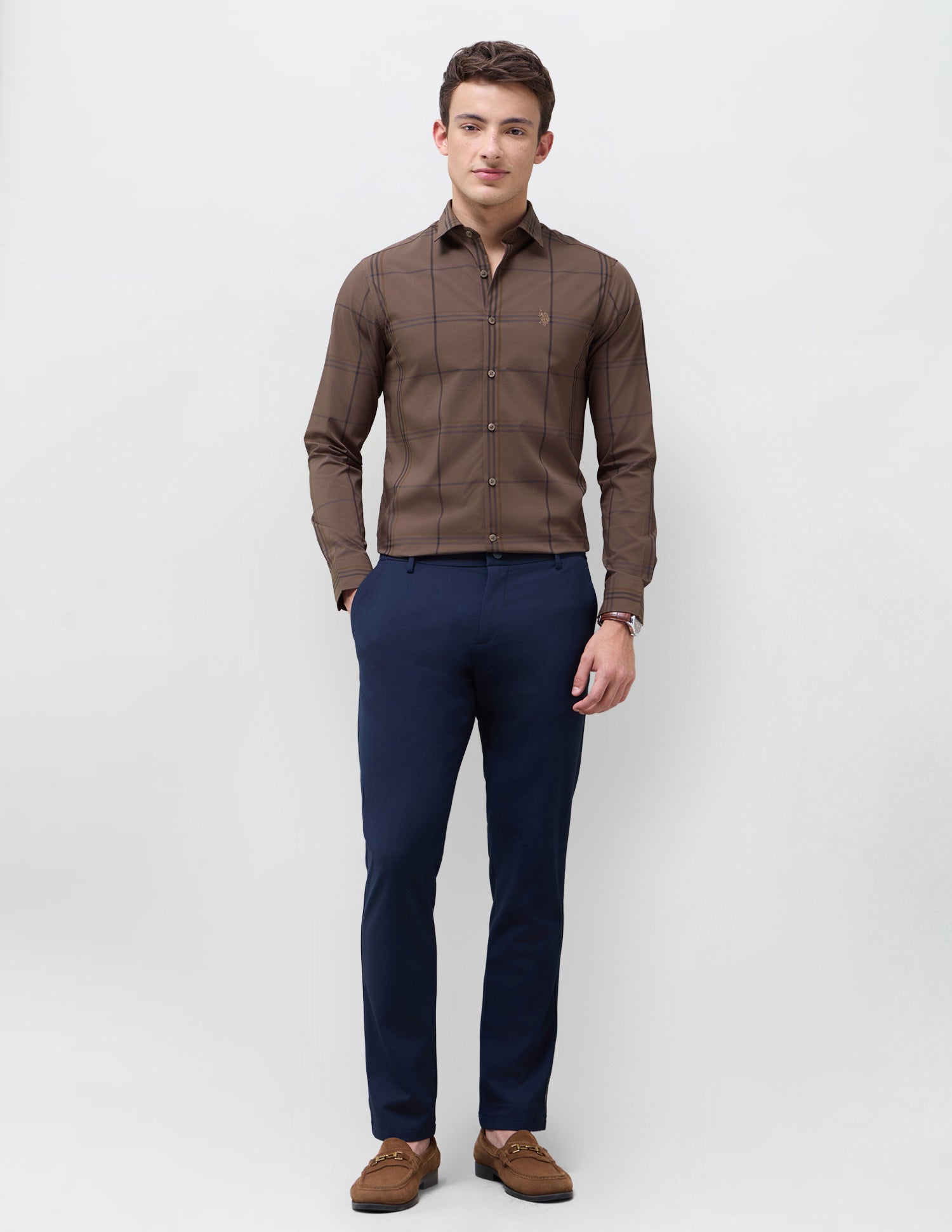 Windowpane Checked Regular Fit Shirt Brown - U.S. Polo Assn. India | Large