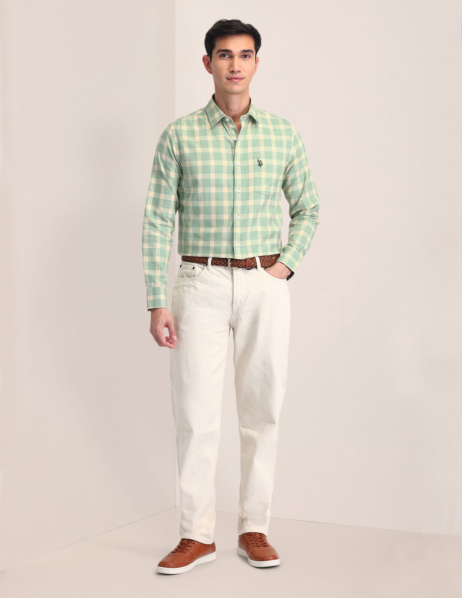 Tailored Fit Dobby Checked Shirt Green - U.S. POLO ASSN. | Large