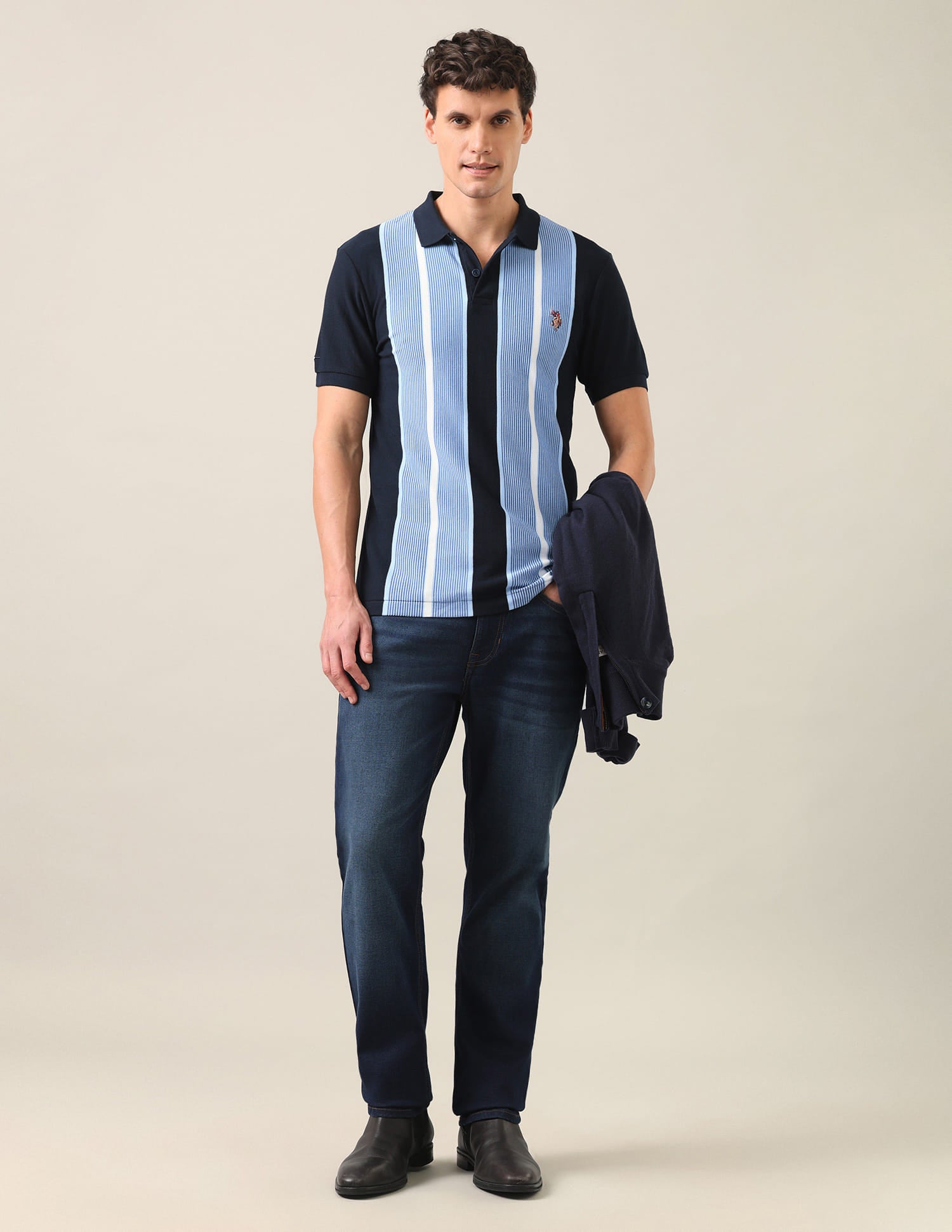 Colourblocked Vertical Striped Slim Fit Polo Shirt Navy - U.S. Polo Assn. India | Large