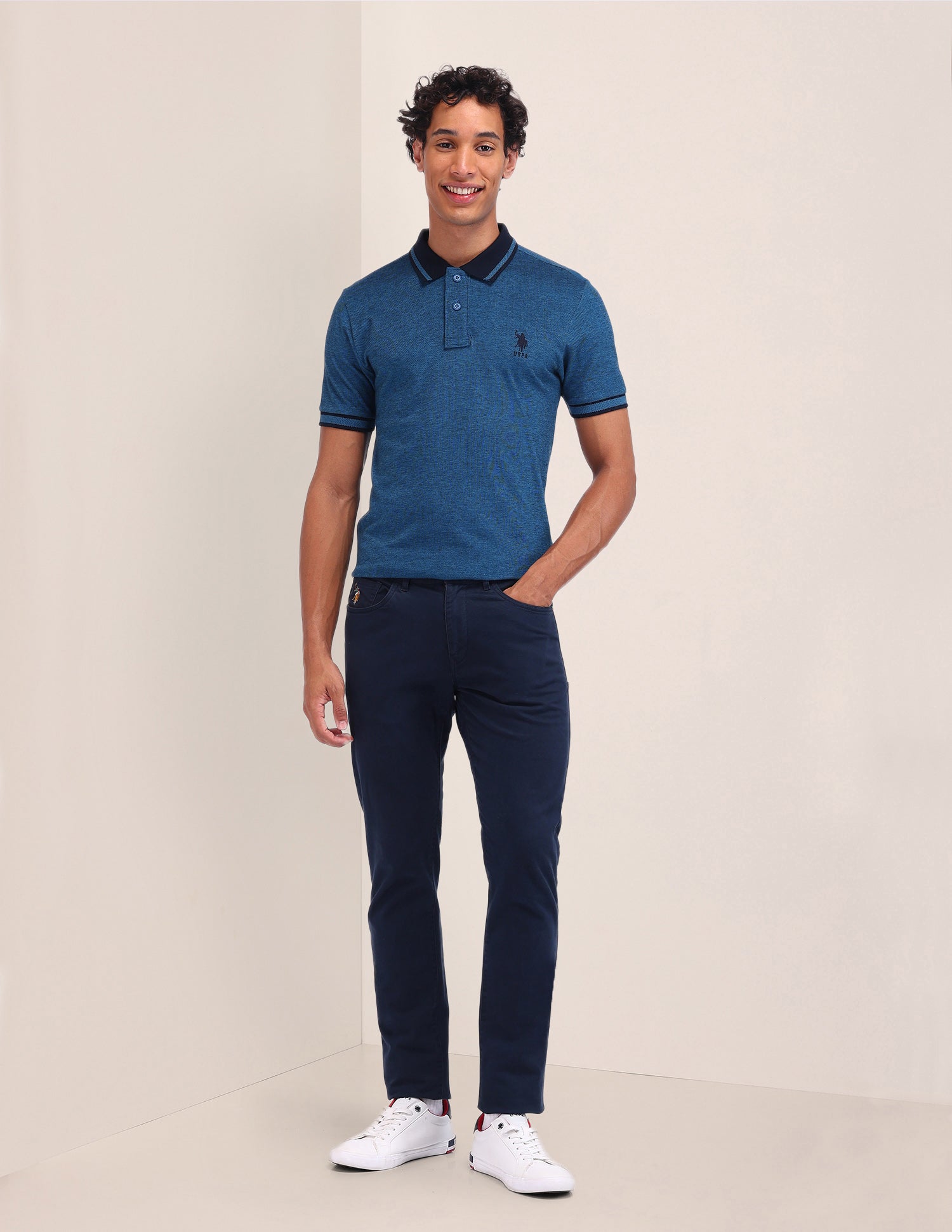 Textured Cotton Polo Shirt Blue - U.S. Polo Assn. India | Large