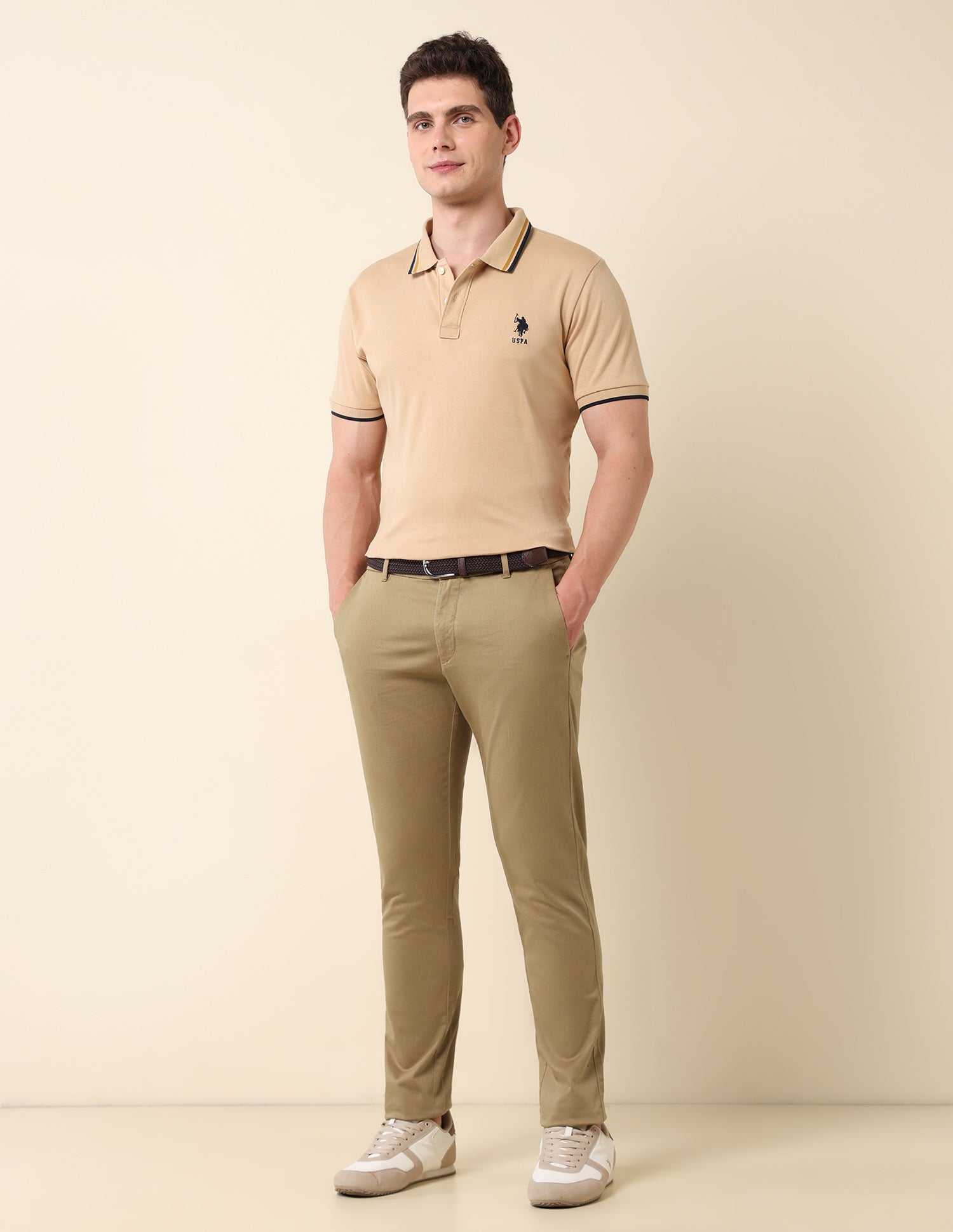 Textured Slim Fit Trousers Dark Khaki - U.S. Polo Assn. India | Large