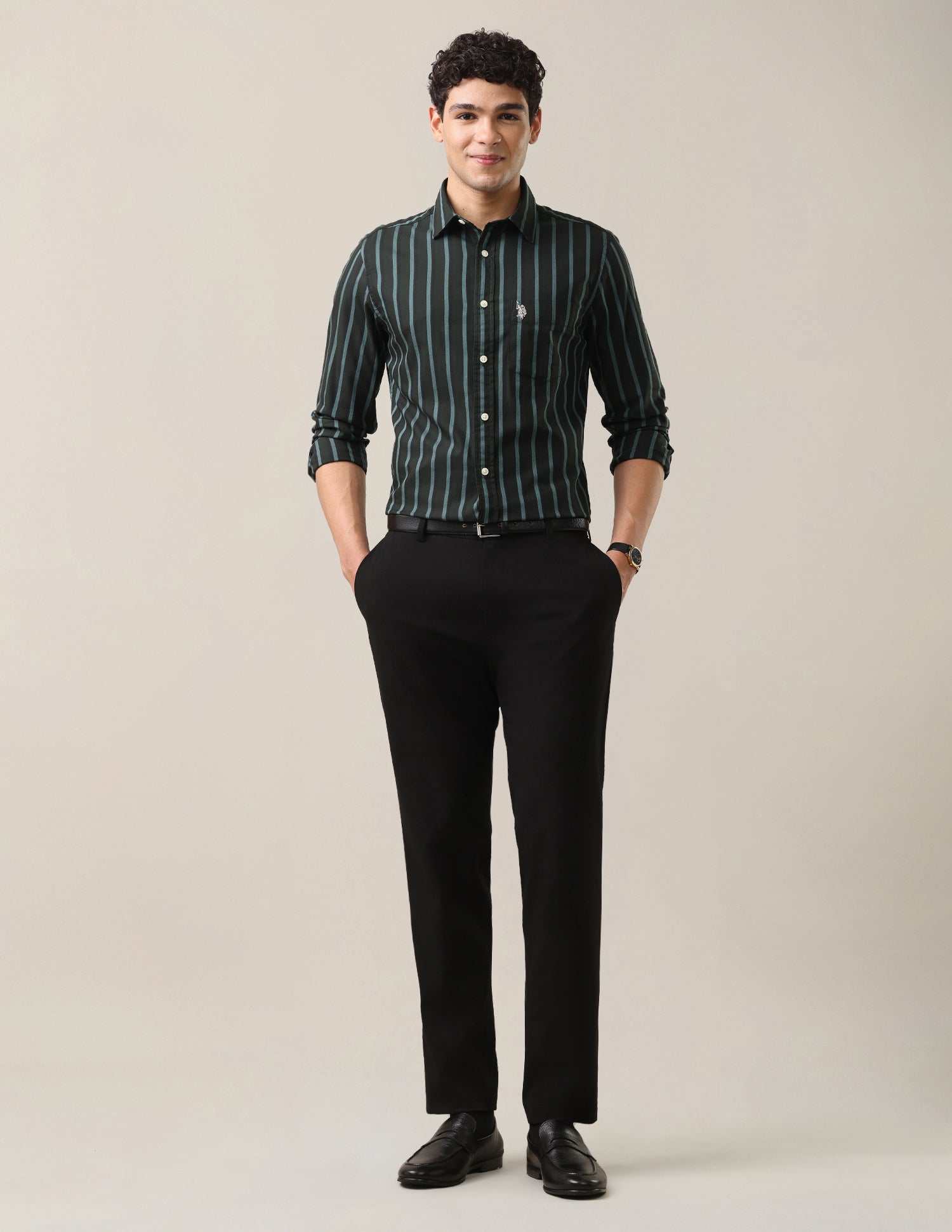 Vertical Striped Twill Shirt Dark Green - U.S. Polo Assn. India | Large