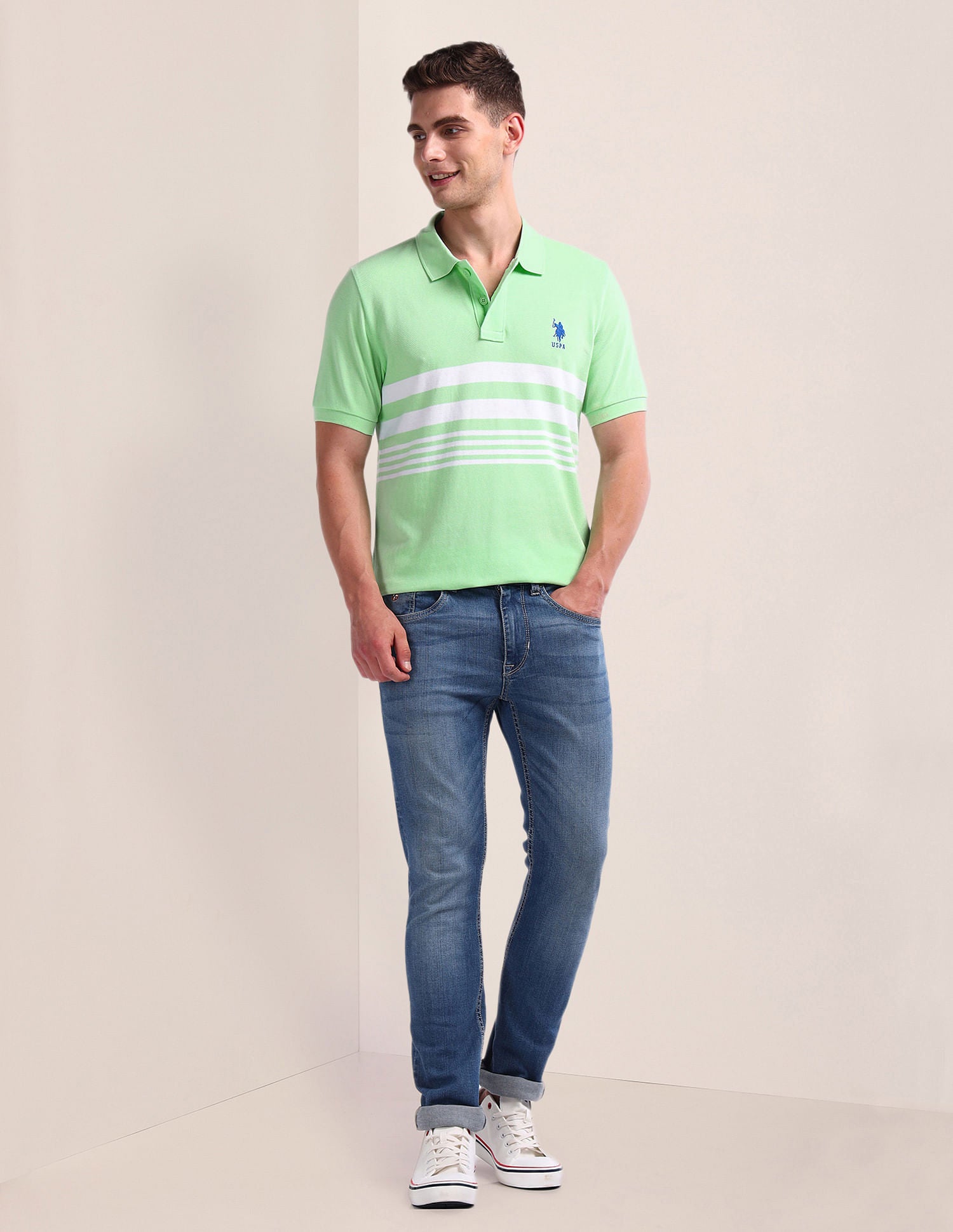 Horizontal Stripe Slim Polo Shirt White - U.S. Polo Assn. India | Large