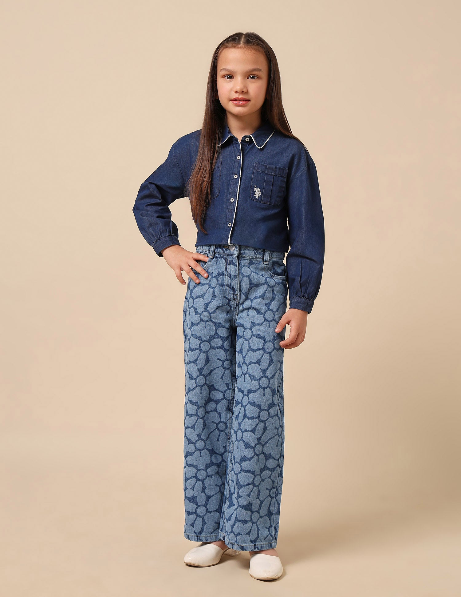 Girls Floral Laser Printed Wide Leg Jeans Blue - U.S. POLO ASSN. | Large