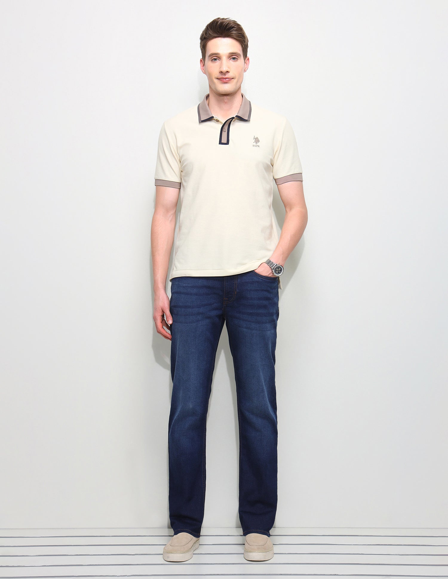 Solid Slim Fit Polo Shirt Beige - U.S. Polo Assn. India | Large