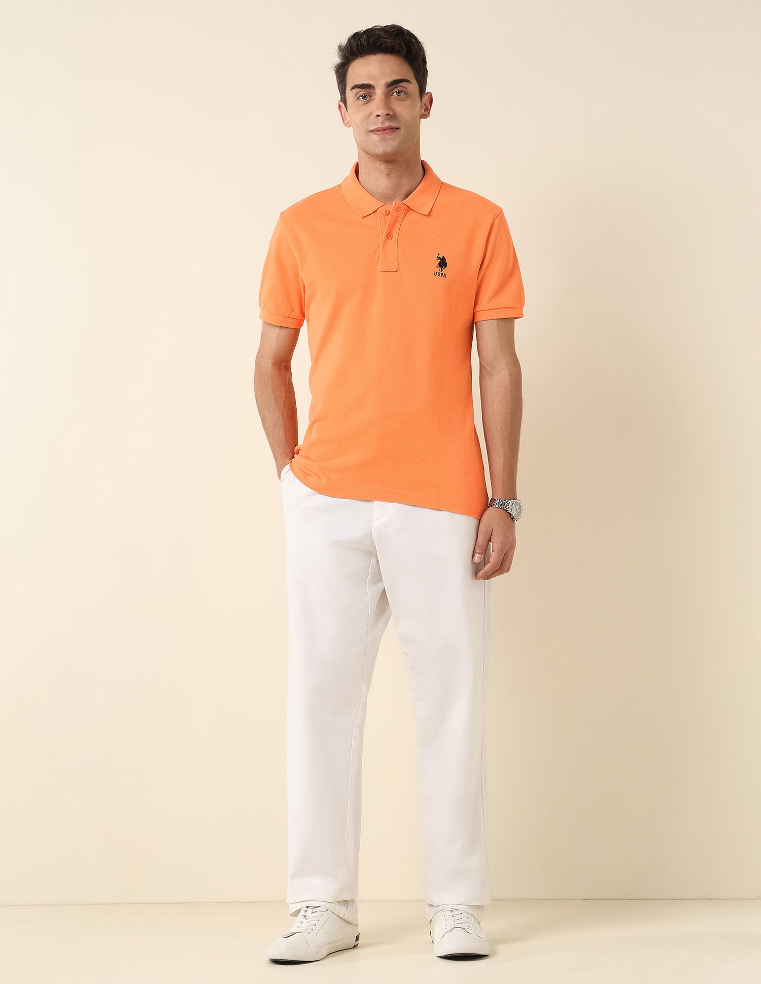Slim Fit Pure Cotton Polo Shirt Orange - U.S. Polo Assn. India | Large