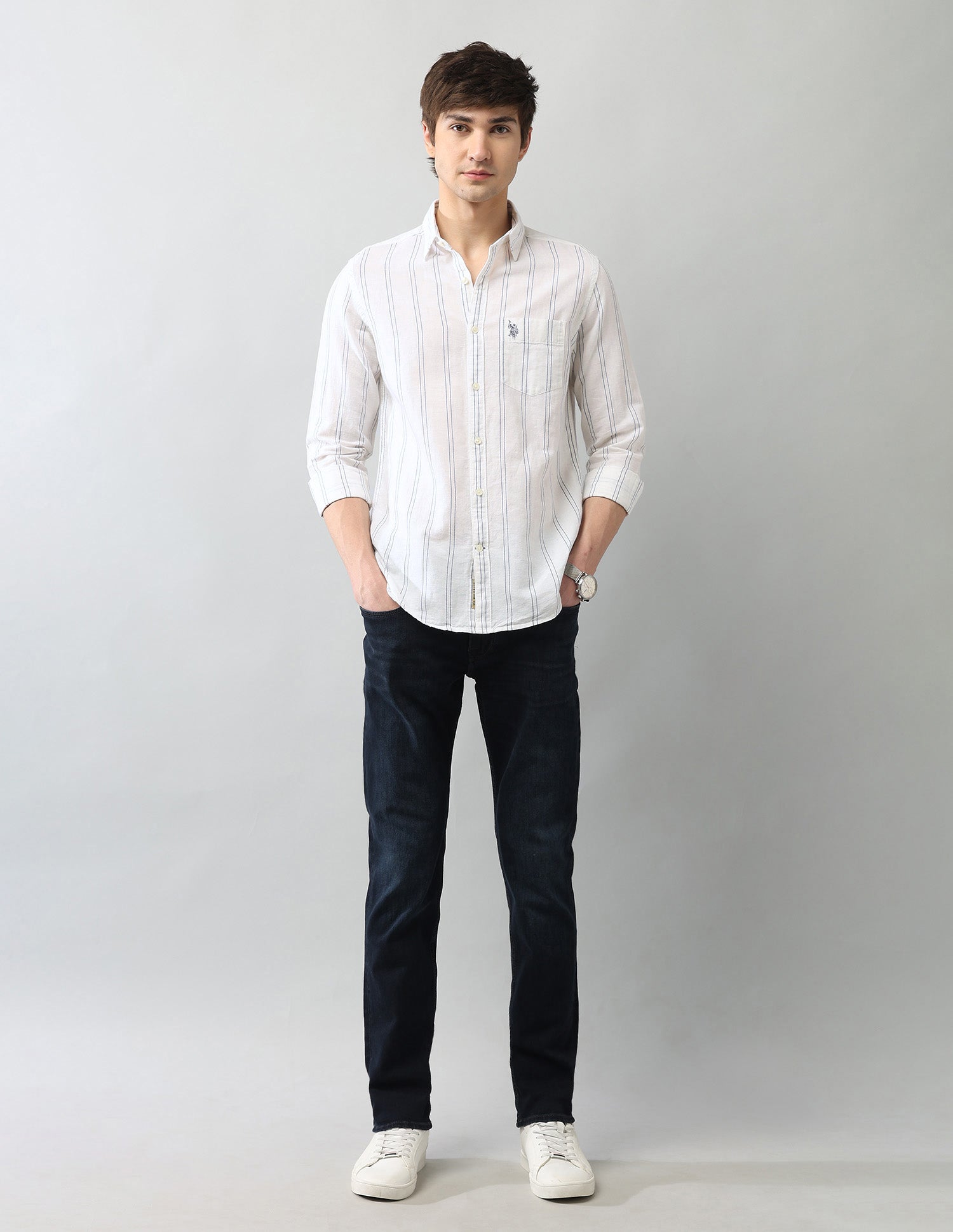 Vertical Striped Regular Fit Poplin Shirt White - U.S. Polo Assn. India | Large