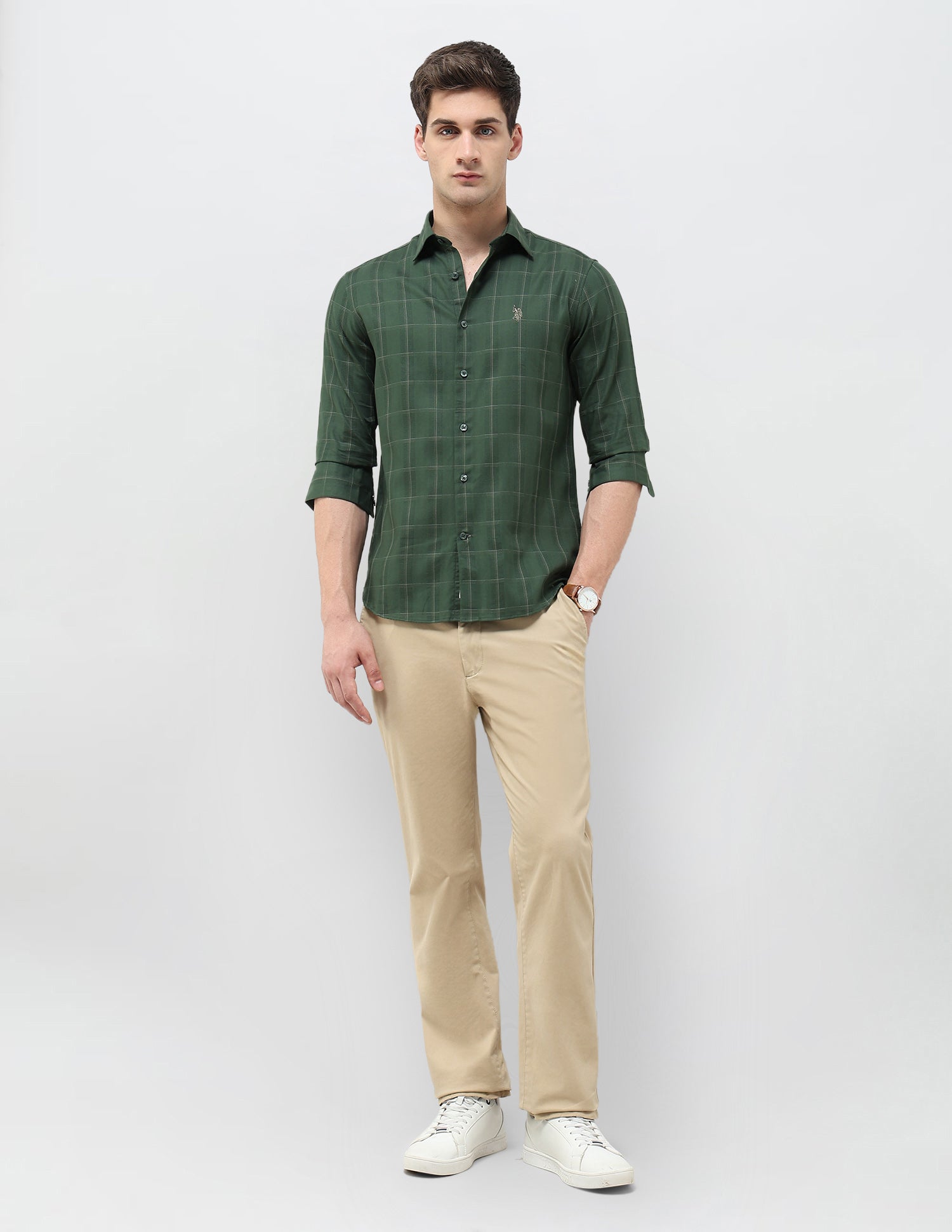 Textured With Grid Checked Dobby Shirt Green - U.S. POLO ASSN. | Large