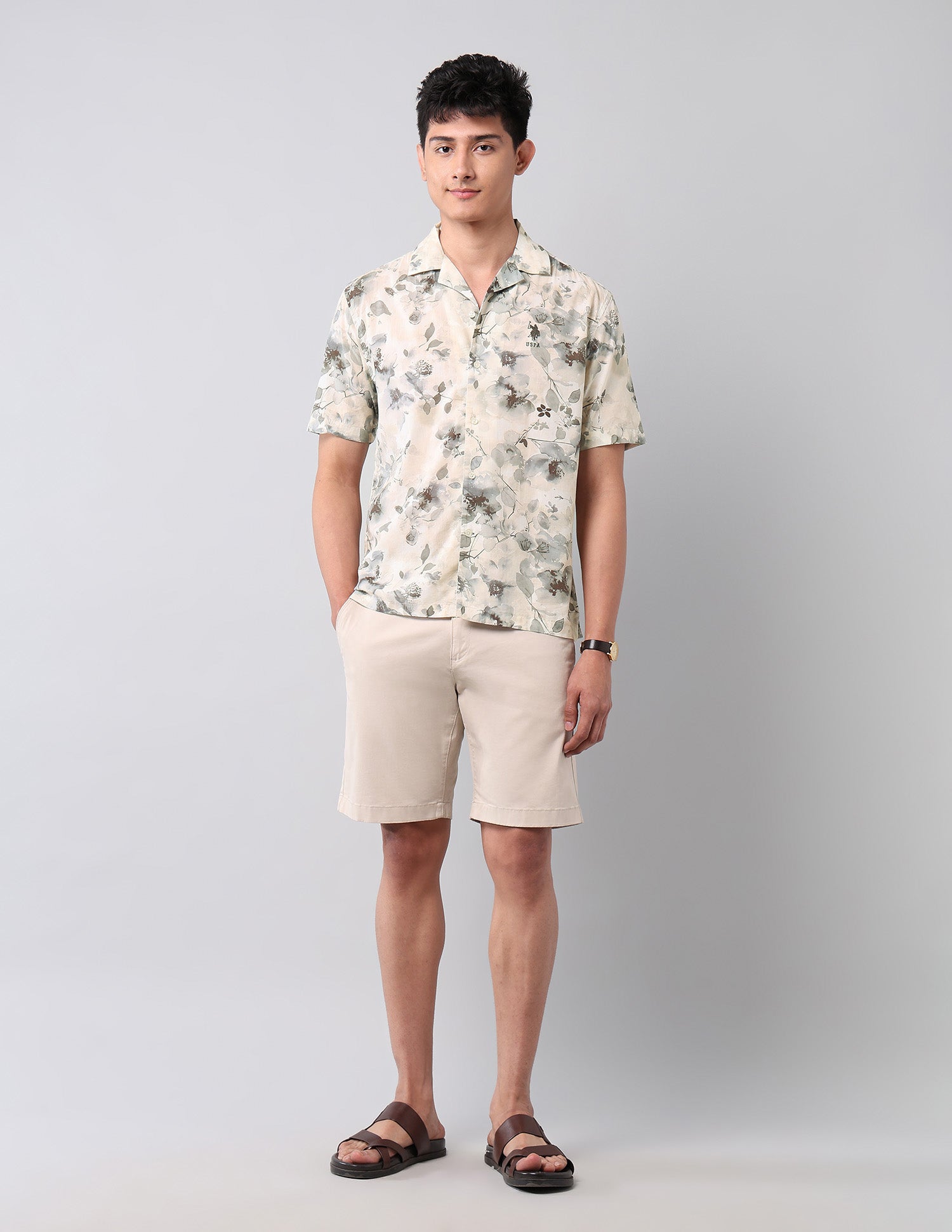 Floral Printed Relaxed Fit Shirt Light Khaki - U.S. Polo Assn. India | Large