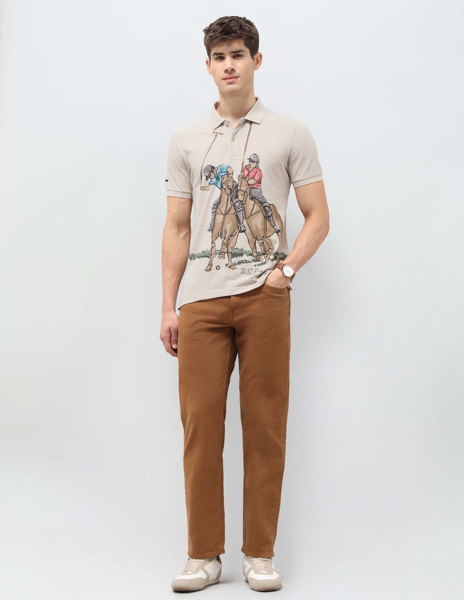 Graphic Brand Printed Muscle Fit Polo Shirt Beige - U.S. Polo Assn. India | Large
