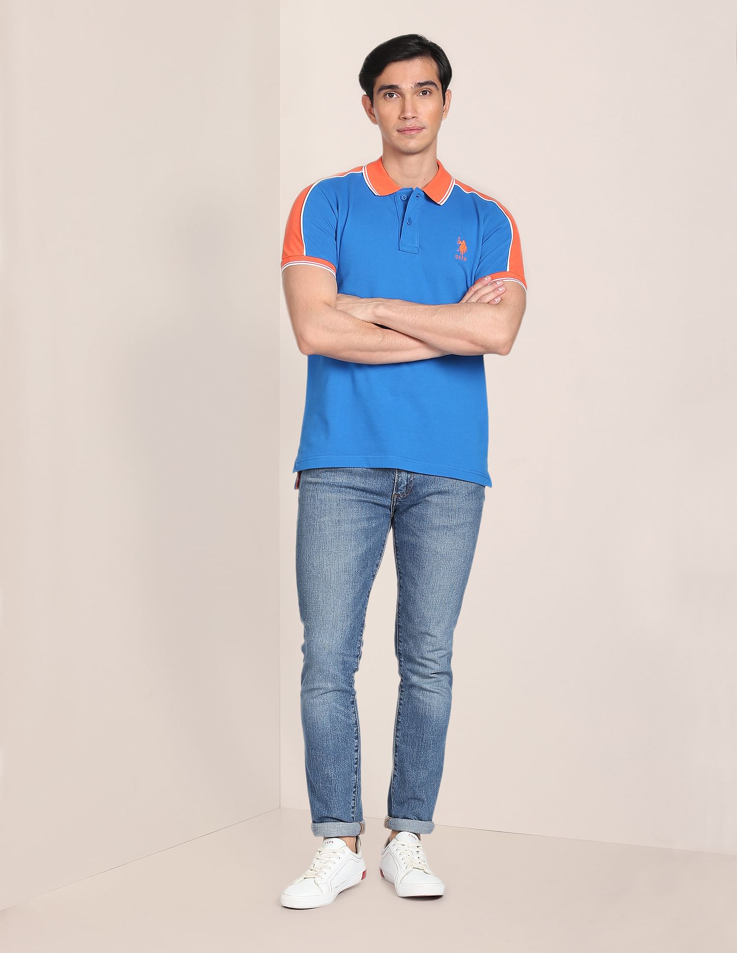 Colour Block Cotton Polo Shirt Blue - U.S. Polo Assn. India | Large