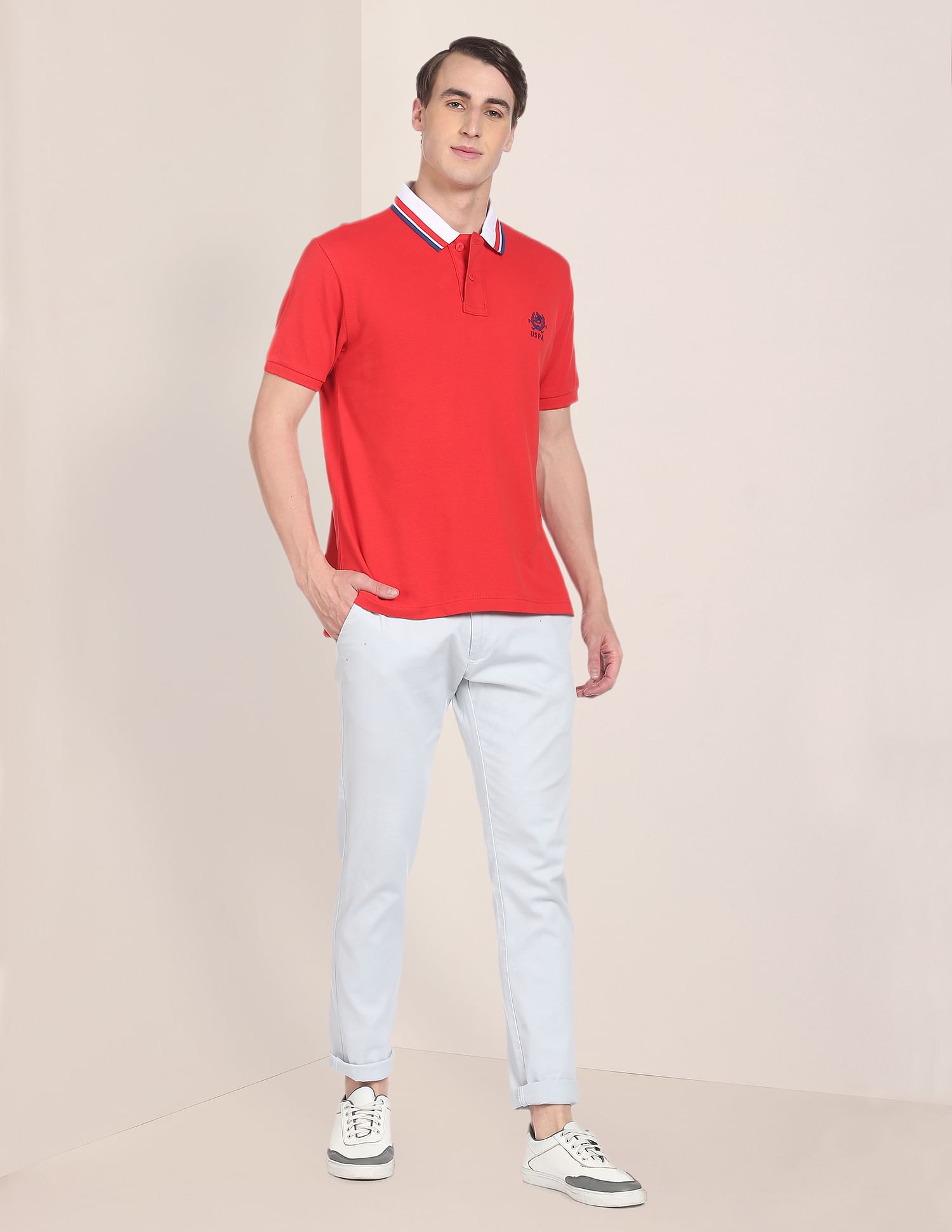 Ribbed Collar Brand Logo Polo Shirt Red - U.S. POLO ASSN. | Large
